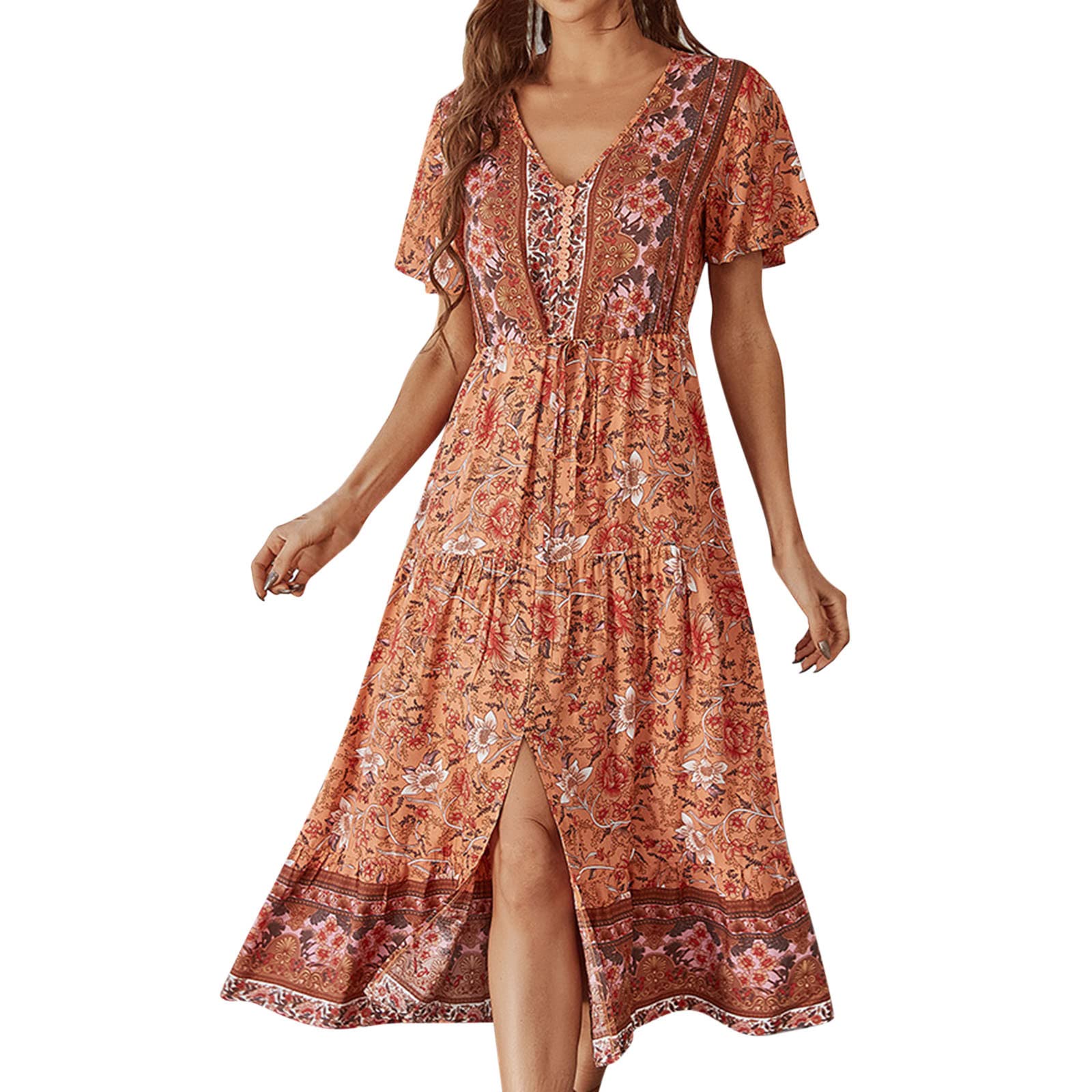 Women's Summer Sun Dresses - Short Sleeve Boho Floral Print Maxi Dress for Beach, Vacation & Casual Outings