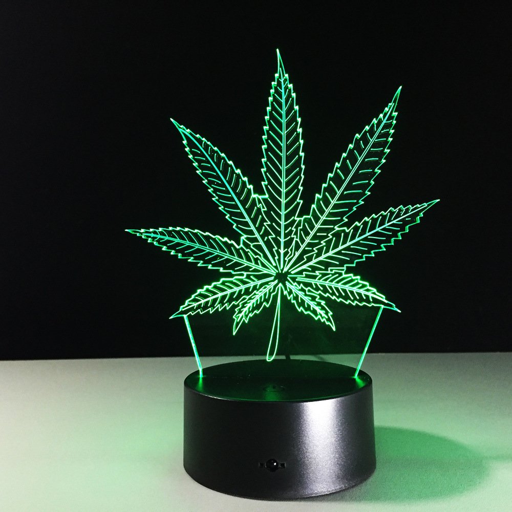 DowBier 3D Illusion LED Night Light - Color Changing USB Desk Lamp with Marijuana Leaf Design - Perfect for Bedroom, Nursery, Dorm Room & Home Decor