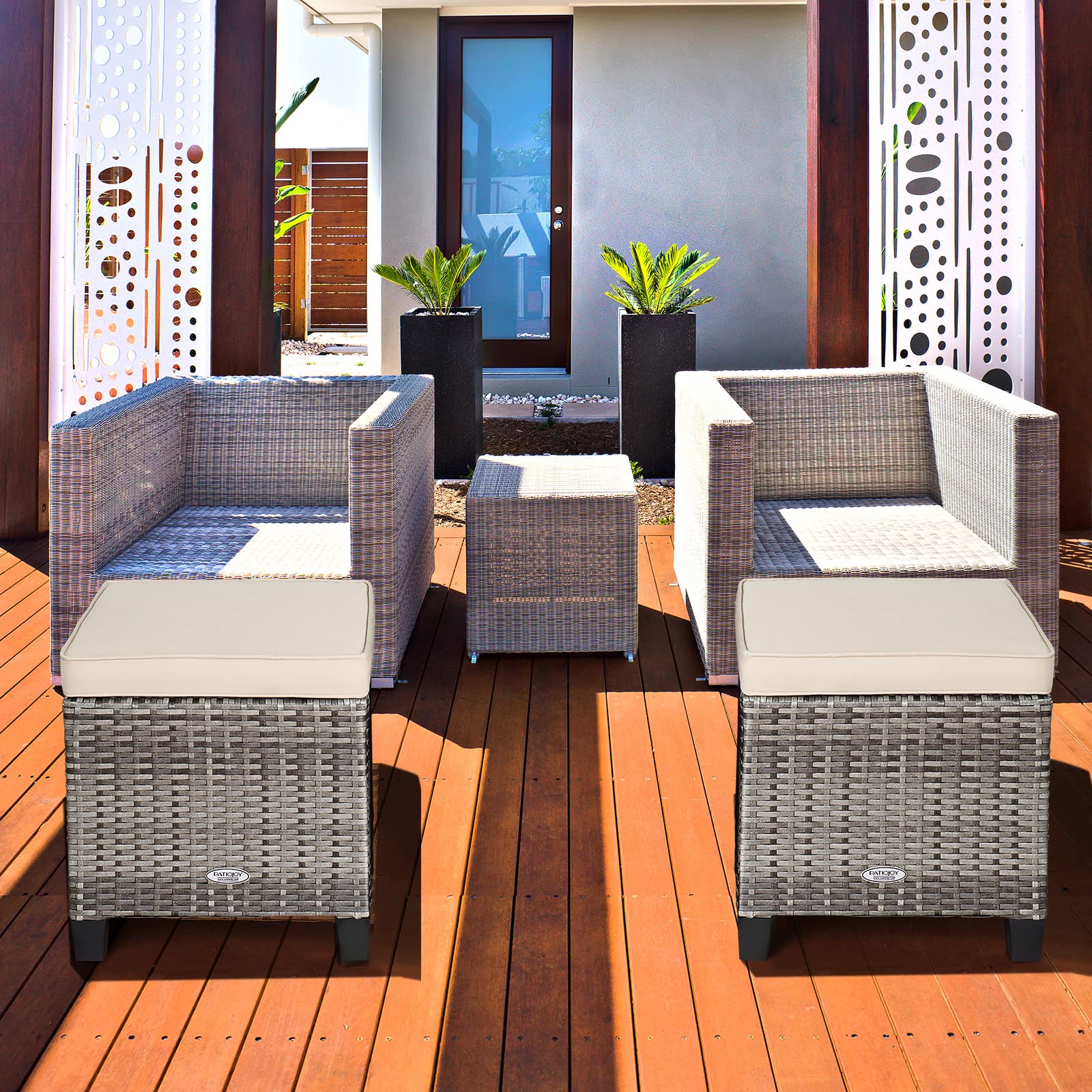 RELAX4LIFE 2-Piece Outdoor Rattan Ottoman Set with Cushions - All-Weather Wicker Patio Furniture with 2 Footrest Stools, Durable Steel Frame for Backyard, Garden, Poolside & Deck (White)