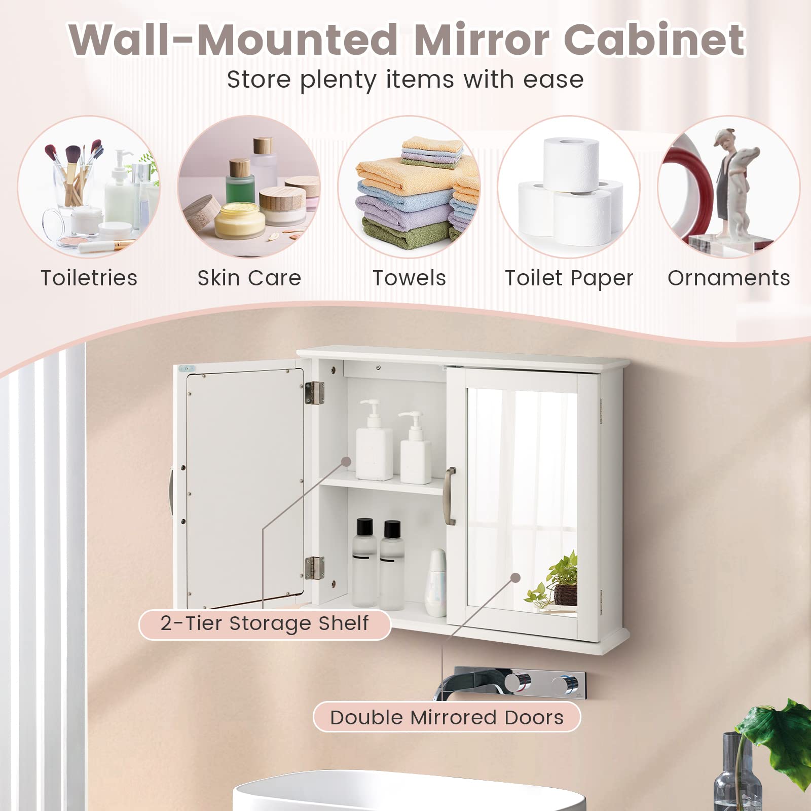 Tangkula White Wall Mounted Medicine Cabinet with Mirror - 23.5 x 5.5 x 19.5 Inch Bathroom Storage Cabinet with Double Mirror Doors - Perfect for Small Bathrooms, Vanity Areas & Apartment Bathroom Organization