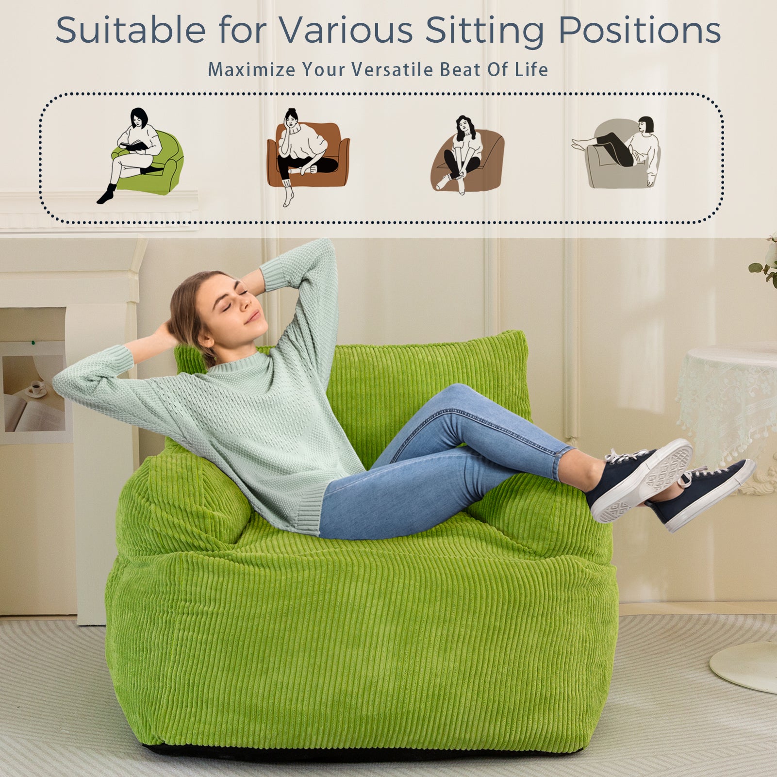 MAXYOYO Giant Bean Bag Chair - Oversized Stuffed Bean Bag Couch for Living Room, Bedroom & Game Room - Soft Green Comfortable Lounger for Adults & Teens - Perfect for Relaxing, Gaming & Movie Nights