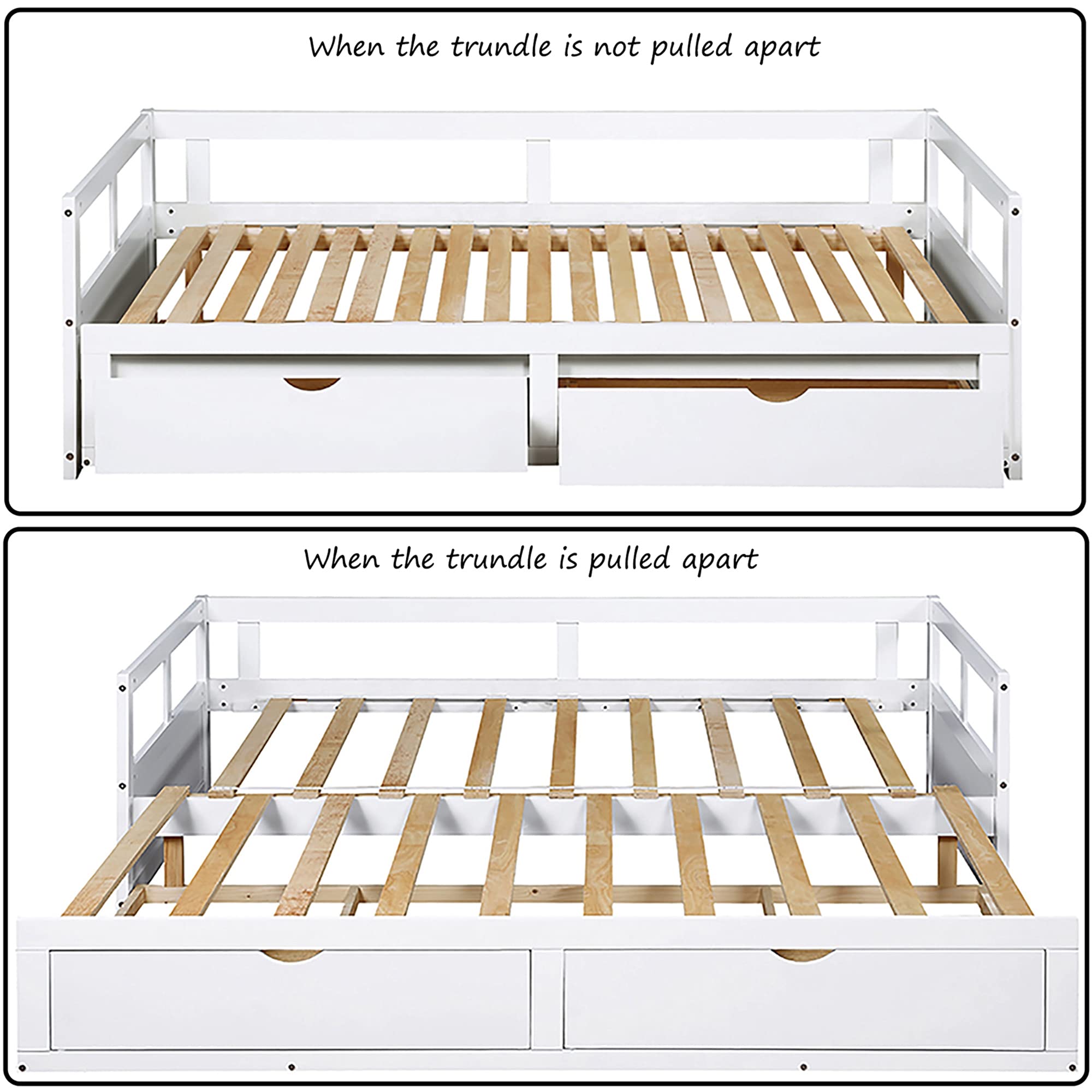 P PURLOVE White Wooden Extendable Daybed with 2 Storage Drawers - Convertible Sofa Bed for Small Spaces, Guest Room & Living Room - Perfect for Apartments, Dorms & Home Offices
