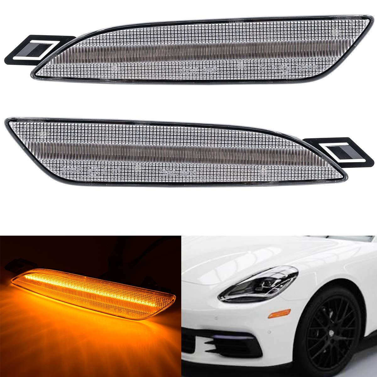 2014-2016 Porsche Panambera Amber LED Side Marker Lights - Clear Lens Turn Signal Lamps Kit (Left/Right) - Durable Replacement for Enhanced Visibility & Safety - Perfect for Night Driving & Custom Car Modifications