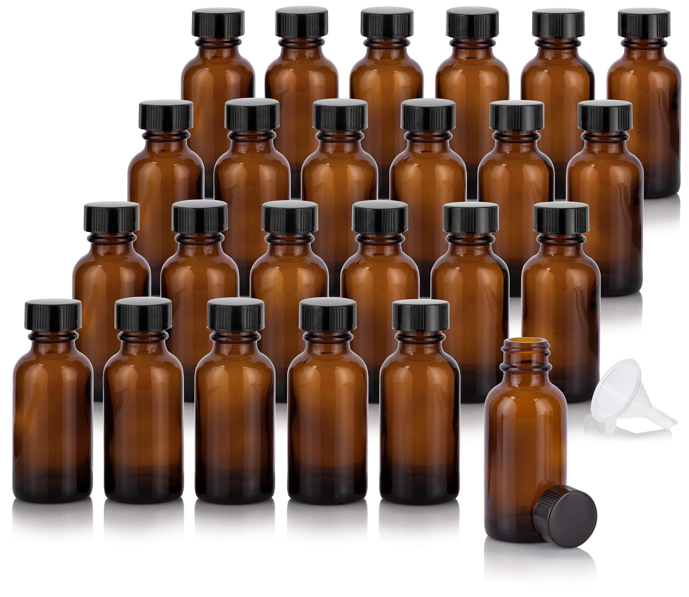 JUVITUS 1 oz (30 ml) Amber Glass Boston Round Bottle with Airtight Phenolic Cap - 24 Pack + Free Funnel - Essential Oil, DIY Beauty, Herbal Tincture Storage Solution for Home & Travel