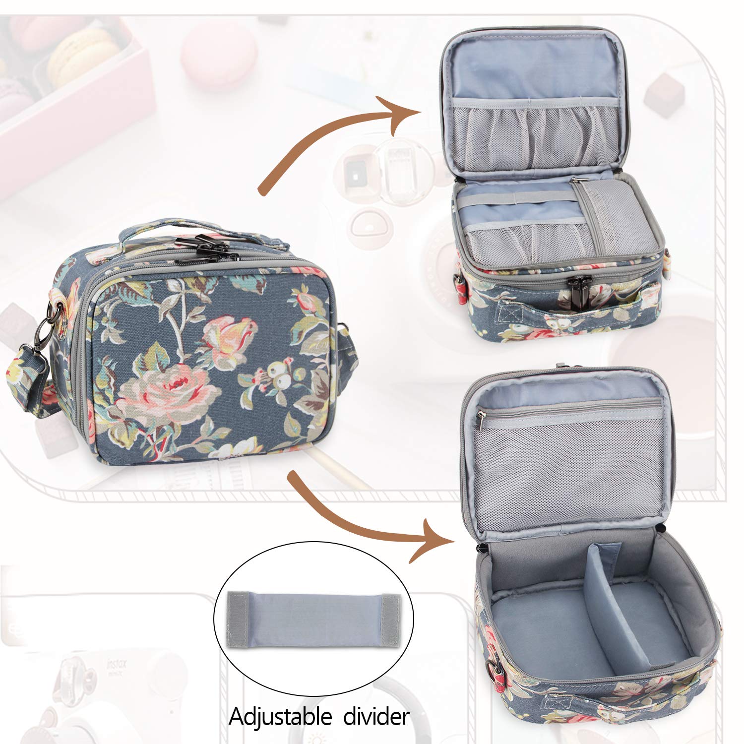 Teamoy Mini9 Instant Camera Case - Portable Bag for Fujifilm Instax Mini 9/10/11/12 Cameras & Accessories (Peony Design) - Perfect for Travel, Parties & Photo Walks