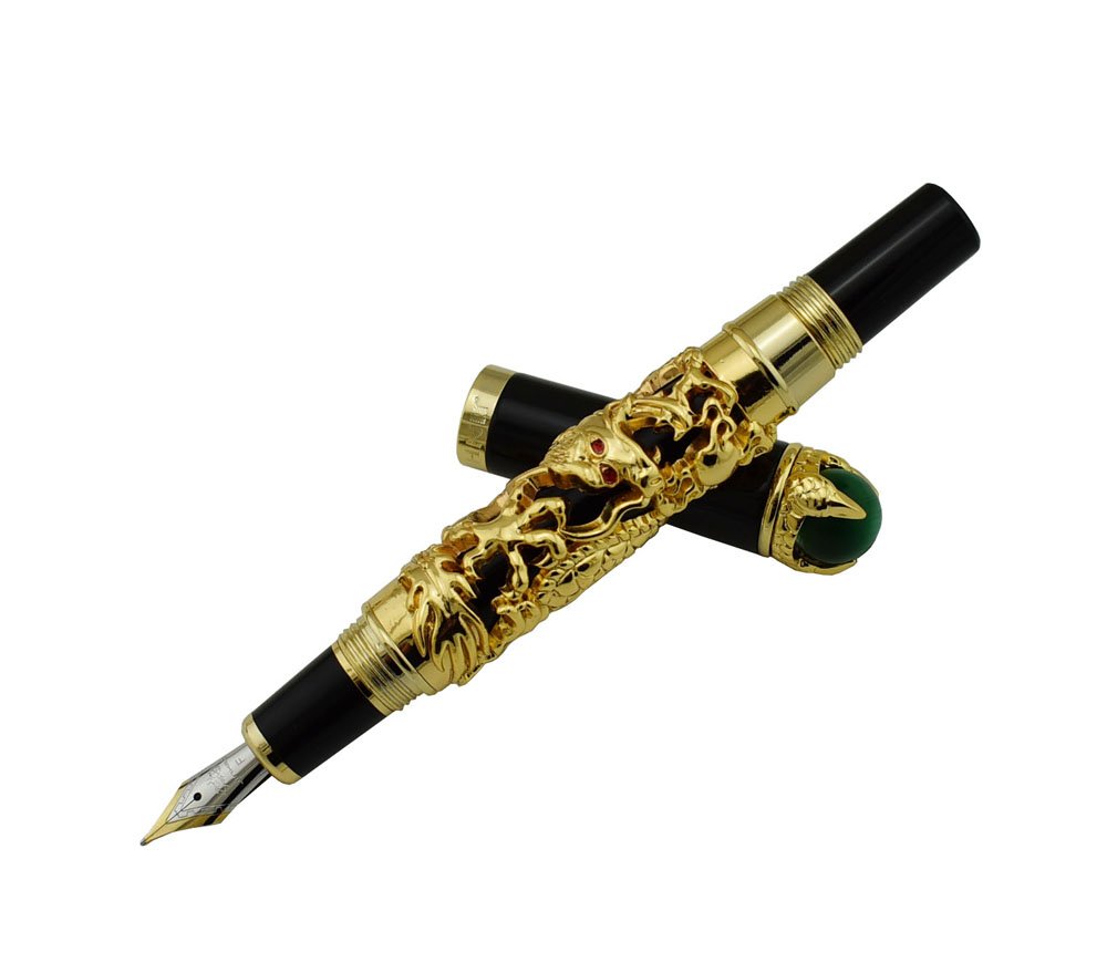 Jinhao Ancient Golden Dragon Fountain Pen - Extra Fine Nib, Pearl Green Jewelry Design with Free Pen Pouch - Premium Writing Instrument for Calligraphy, Collectors & Gift Giving