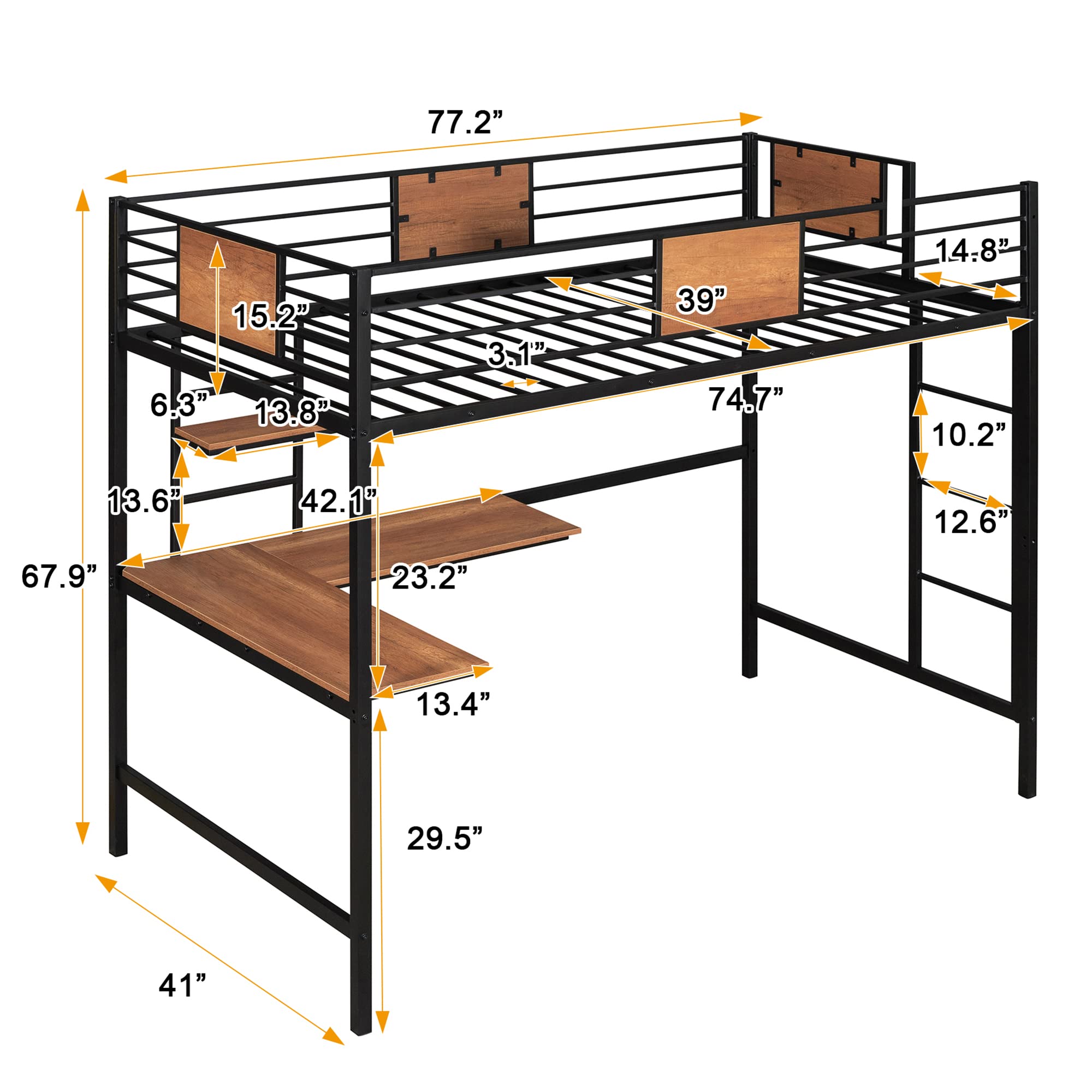 P PURLOVE Twin Loft Bed with Desk & Shelves - Sturdy Metal Frame, No Box Spring Required - Space-Saving Black Loft Bed for Kids & Teens - Perfect for Small Bedrooms, Dorms & Studio Apartments