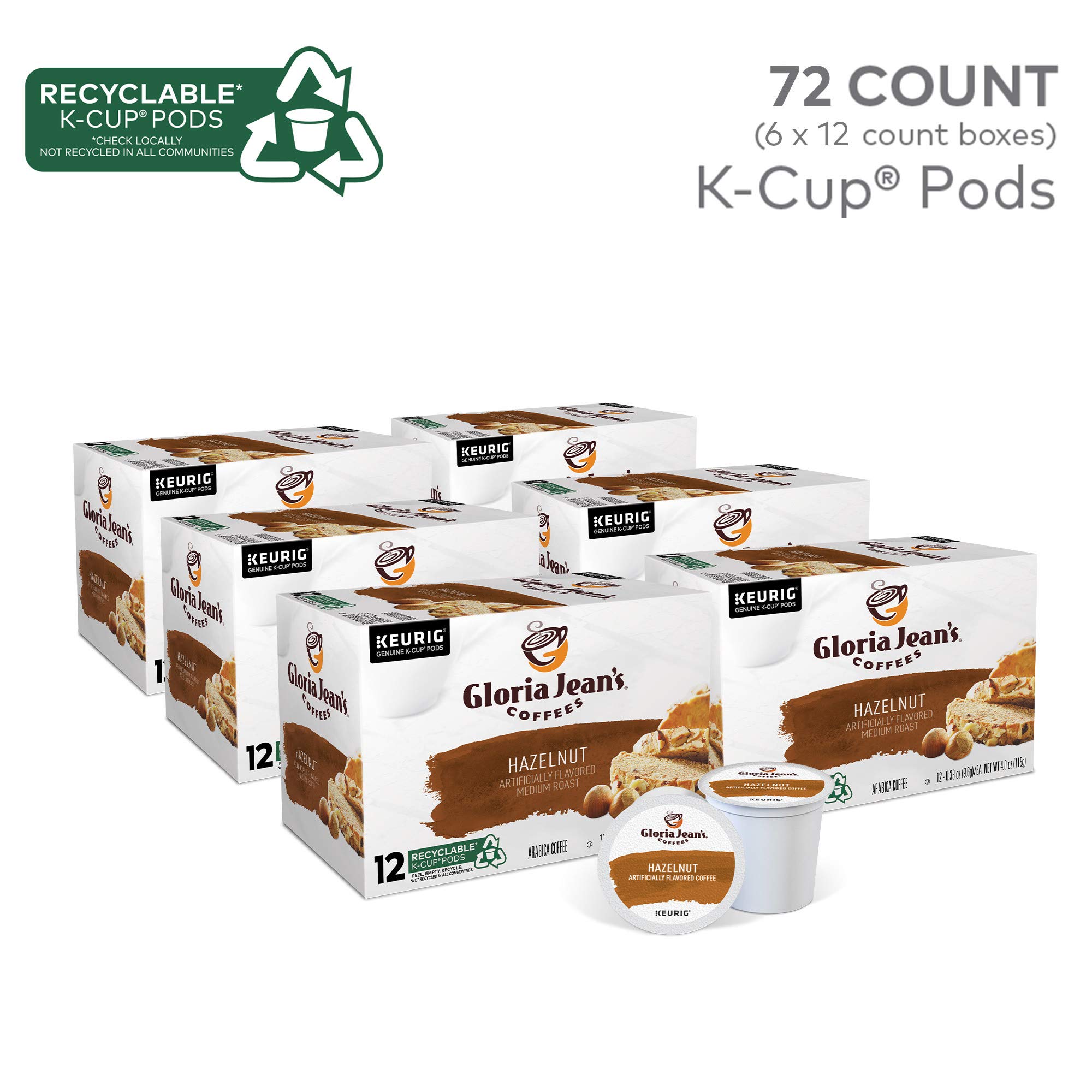 Gloria Jean's Hazelnut Flavored Medium Roast Coffee K-Cup Pods for Keurig - 72 Count Single-Serve Pack | Perfect for Office, Home & Morning Brew