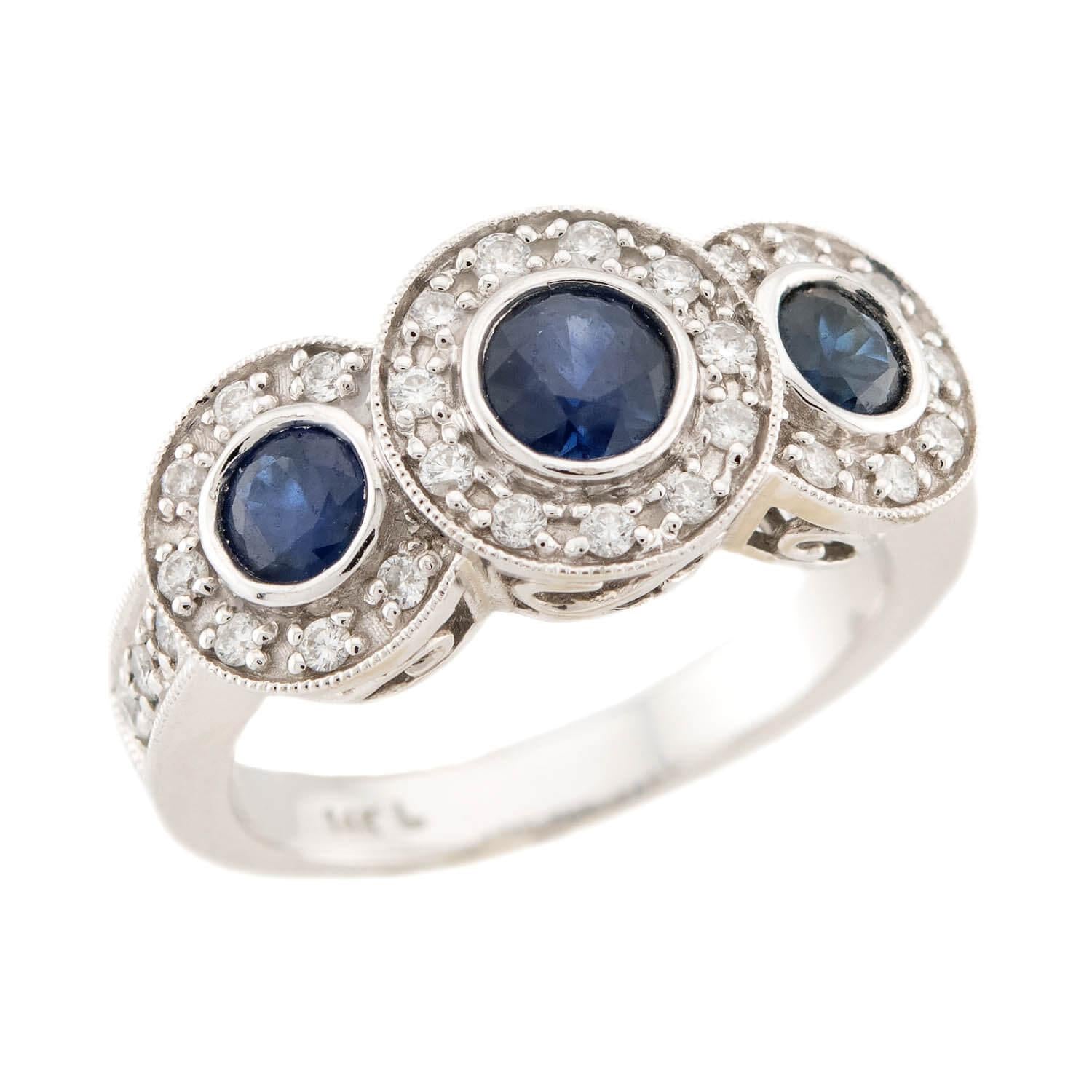 14K Gold Sapphire and Diamond Three Stone Ring for Women - Elegant Vintage Style Jewelry for Engagement, Wedding, or Anniversary Gifts