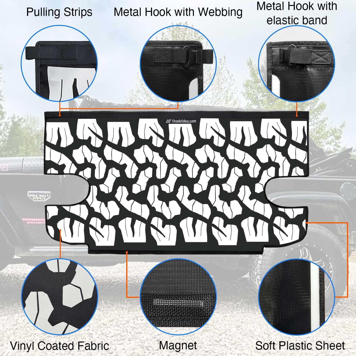 Shadeidea JK Cargo Cover for Jeep Wrangler JKU (2007-2018) 4-Door - Black Tonneau Cover with White Vinyl Offroad Tread Tailgate - Durable 3-Year Protection | Perfect for Offroading, Camping & Outdoor Adventures