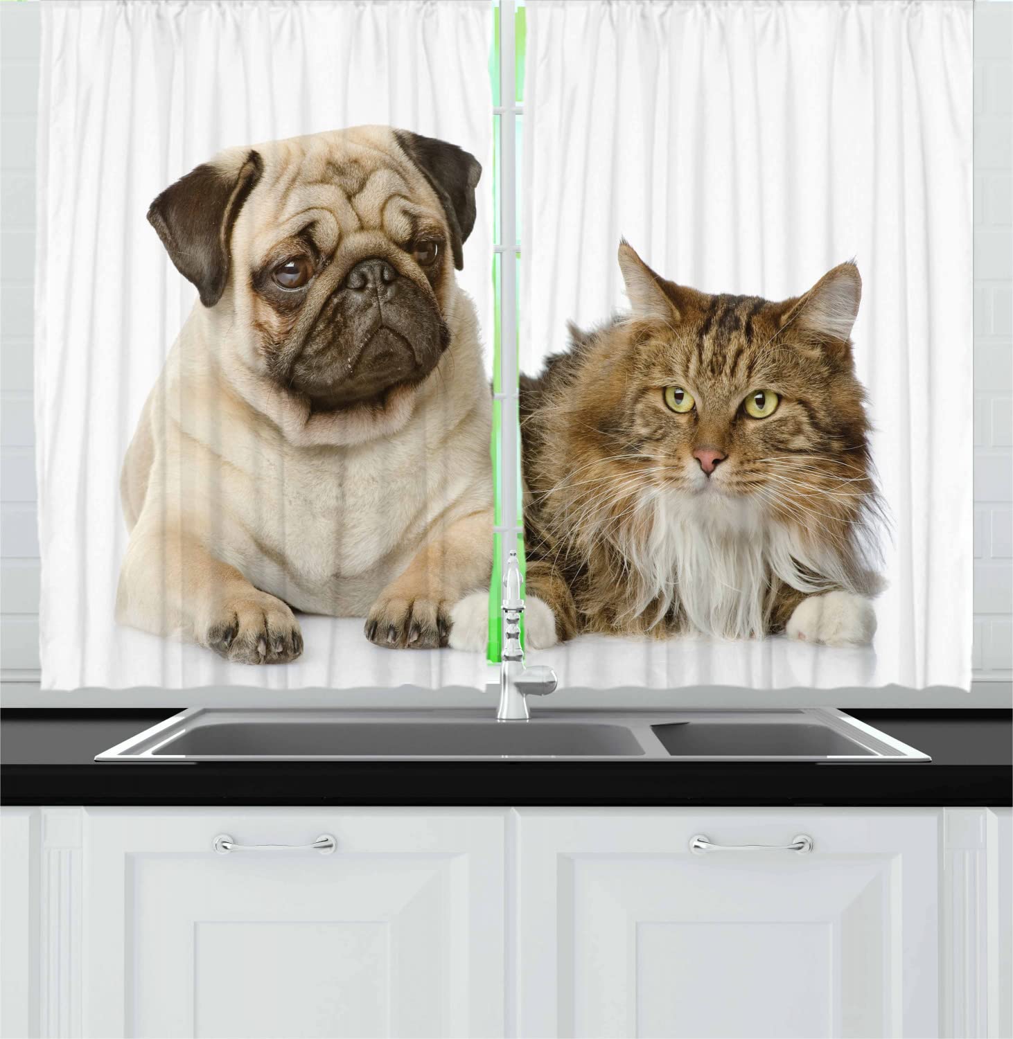 Ambesonne Animal Print Kitchen Curtains - Fluffy Playful Pets Design, 2 Panels with Rod Pocket, 55 x 45 Inches, Brown Beige - Perfect for Farmhouse, Pet Lover Home Decor & Cozy Kitchen Windows
