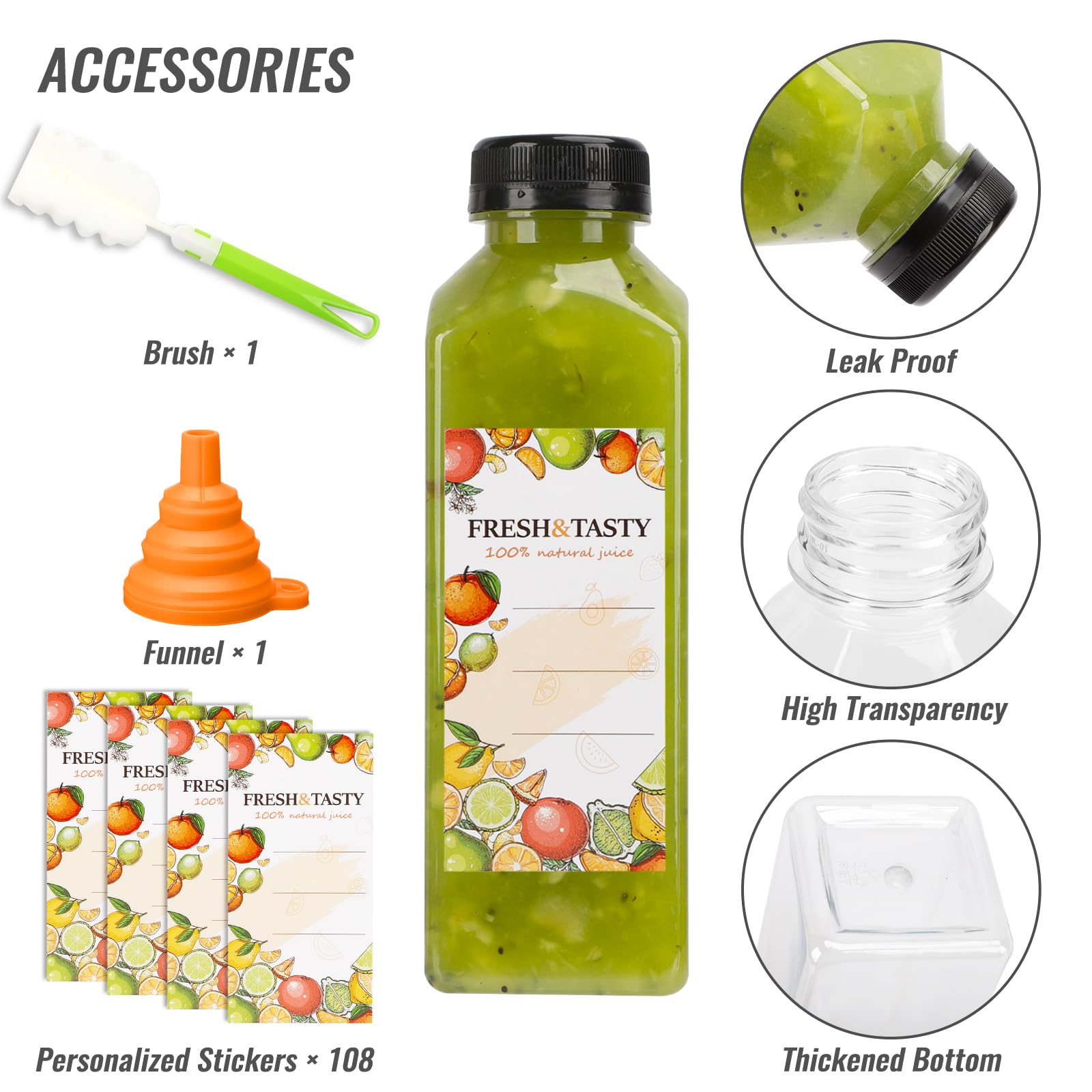 TOMNK 100 Pack 16oz Plastic Juice Bottles with Black Caps - Includes Labels, Funnel & Brush - Perfect for Juicing, Smoothies, Tea, Milk, Meal Prep & DIY Beverage Storage