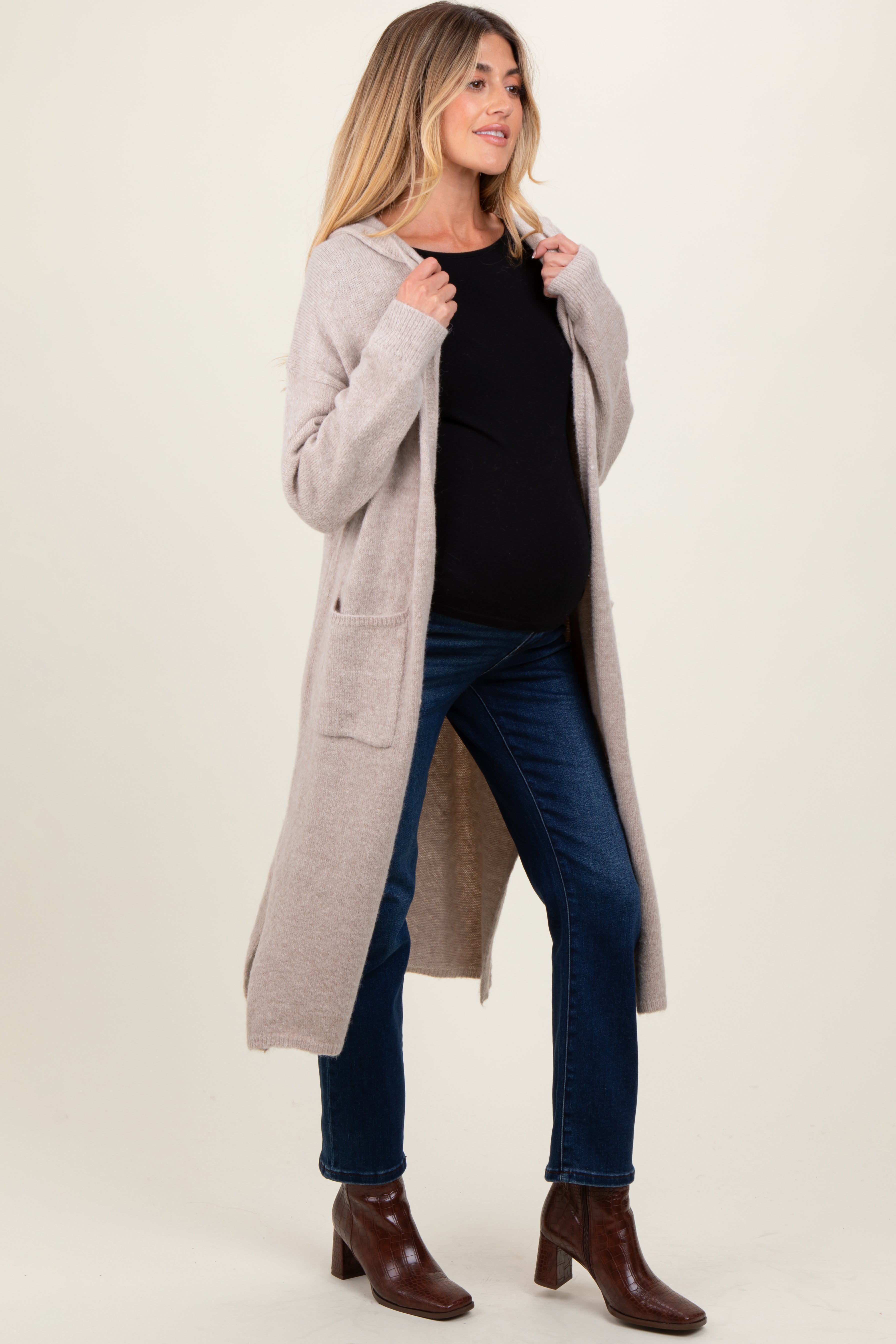 Beige Long Hooded Open Front Maternity Cardigan for Women - Soft Comfortable Nursing Sweater - Perfect for Pregnancy, Breastfeeding & Lounge Wear