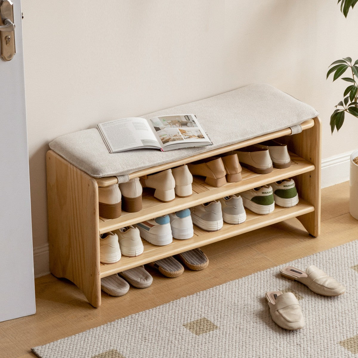 Solid Pine Wood Shoe Bench - 3-Tier Rustic Entryway Shoe Rack with Storage Shelf | Perfect for Mudroom, Hallway & Closet Organization (Natural Wood Finish)