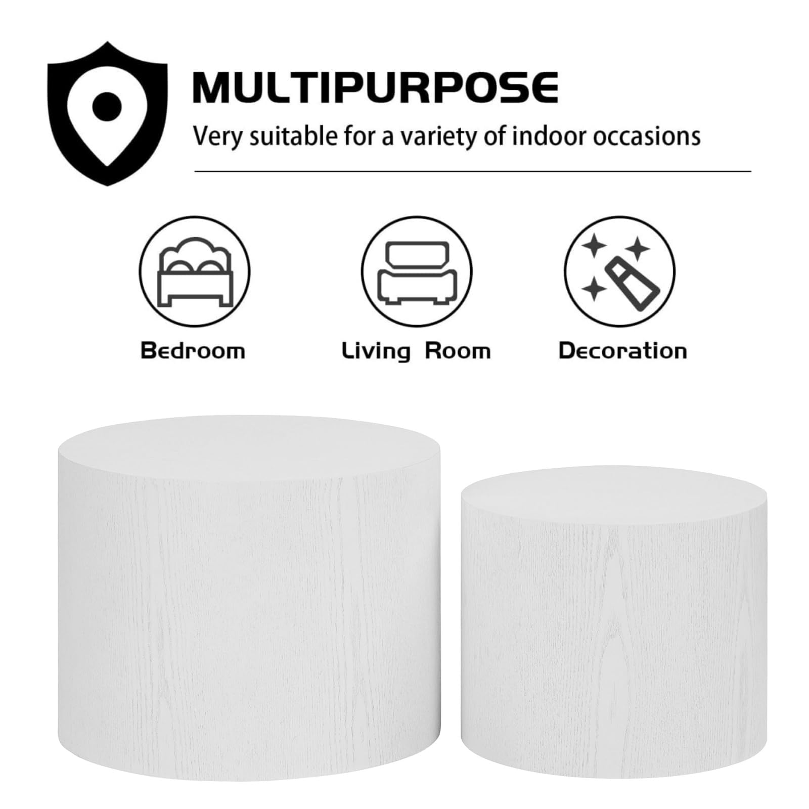 White Nesting Coffee Table Set of 2 - Round Wood Drum Side & End Tables for Living Room | Modern Contemporary Small Space Furniture for Apartment, Lounge & Office