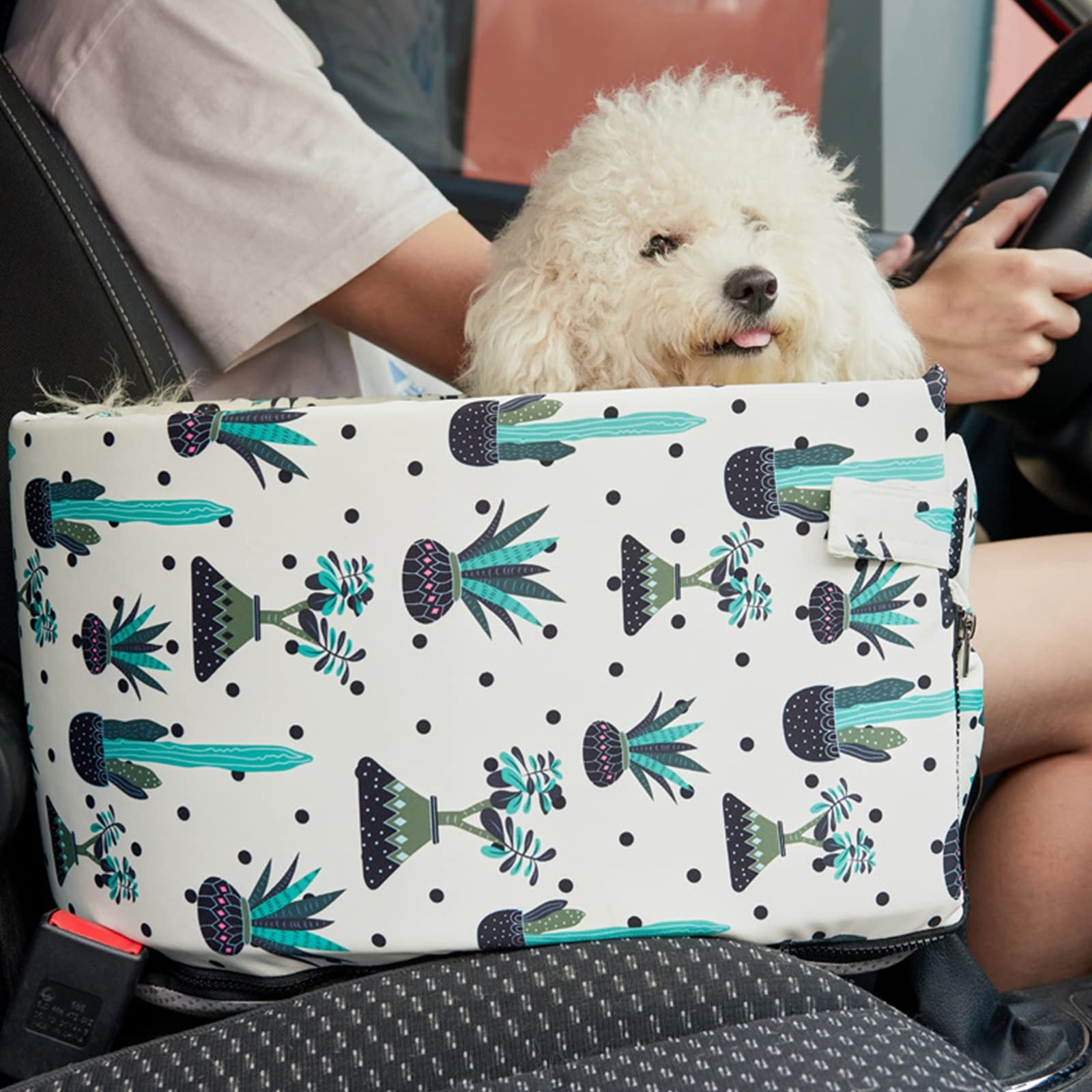 Small Dog Car Seat Booster with Safety Tether - Pet Car Bed for Small Dogs & Cats - Fits Most Vehicle Armrest Consoles - Perfect for Road Trips & Vet Visits