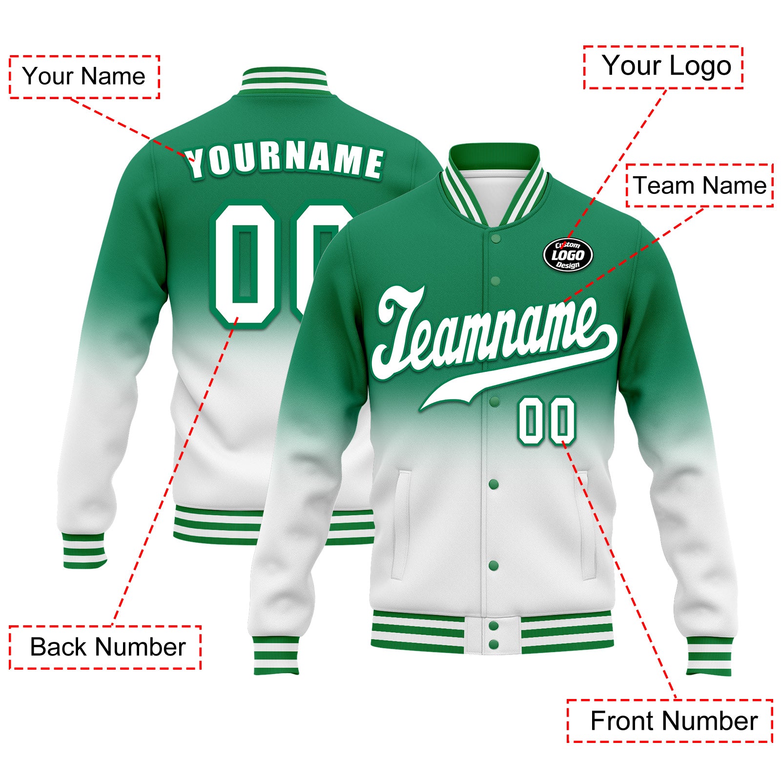 Custom Green & White Fade Bomber Jacket - Personalized Varsity Letterman Jacket with Full Snap Closure (Style FZ005 D020229) - Perfect for School Spirit, Sports Events & Streetwear Fashion