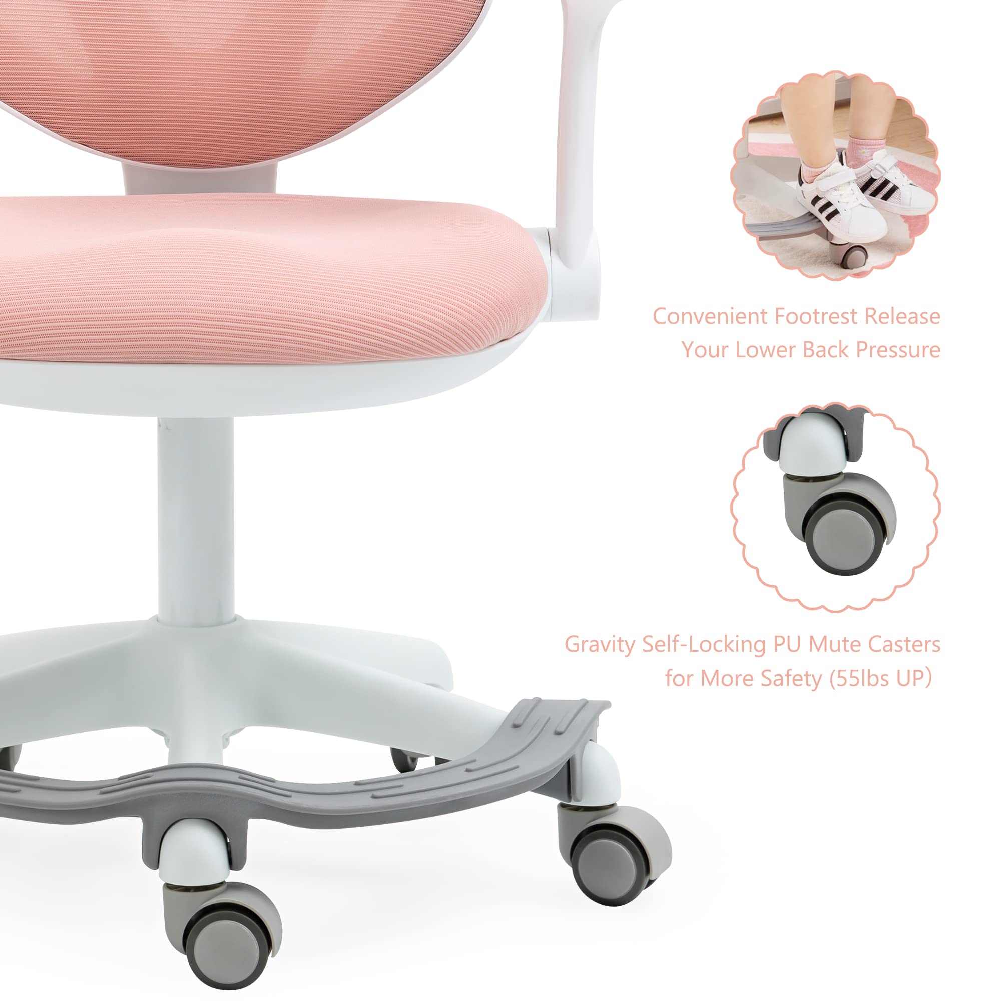 Adorable Adjustable Kids Desk Chair with Armrests & Footrest - Ergonomic Study Computer Office Swivel Chair for Boys Girls Teens - Perfect for Reading, Gaming & Online Learning (Pink)