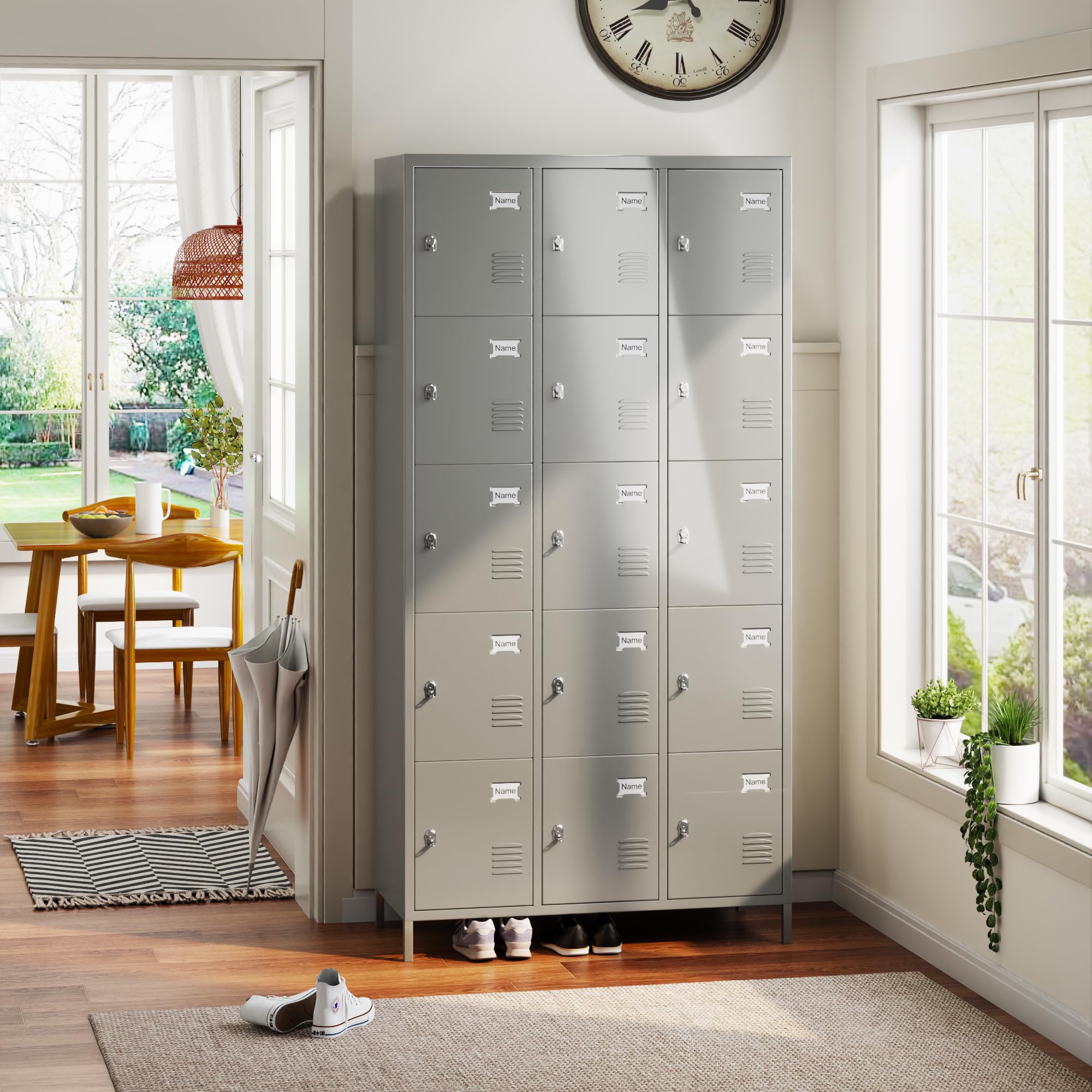 METAN 15-Door Steel Storage Locker Cabinet - Heavy Duty Metal Locker for School, Office, Gym & Bedroom - Industrial Employee Storage Locker with Assembly Required (Light Grey) - Perfect for Secure Storage in Workplaces, Schools, Fitness Centers and Homes