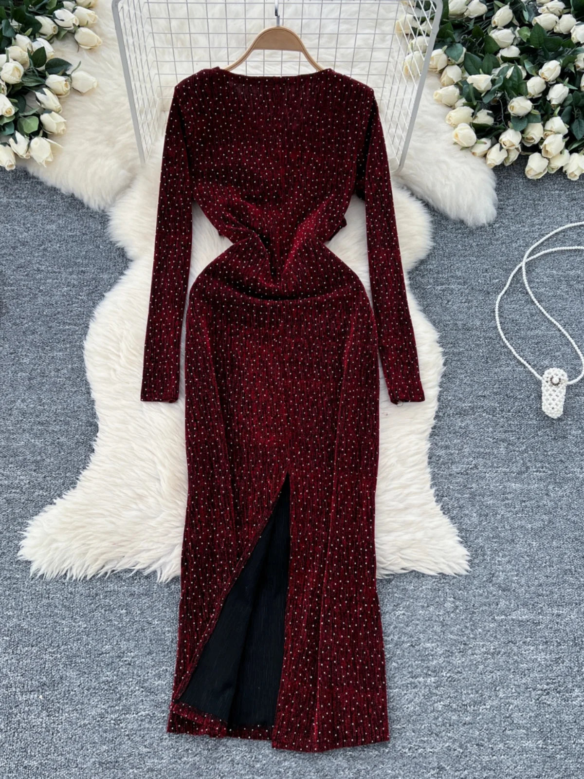 2024 Autumn Women's Fashion Elegant V-Neck Long Sleeve Slim Evening Dress - Black/Red Diamonds & Gold Hollow Out Design | Perfect for Parties, Weddings & Formal Events
