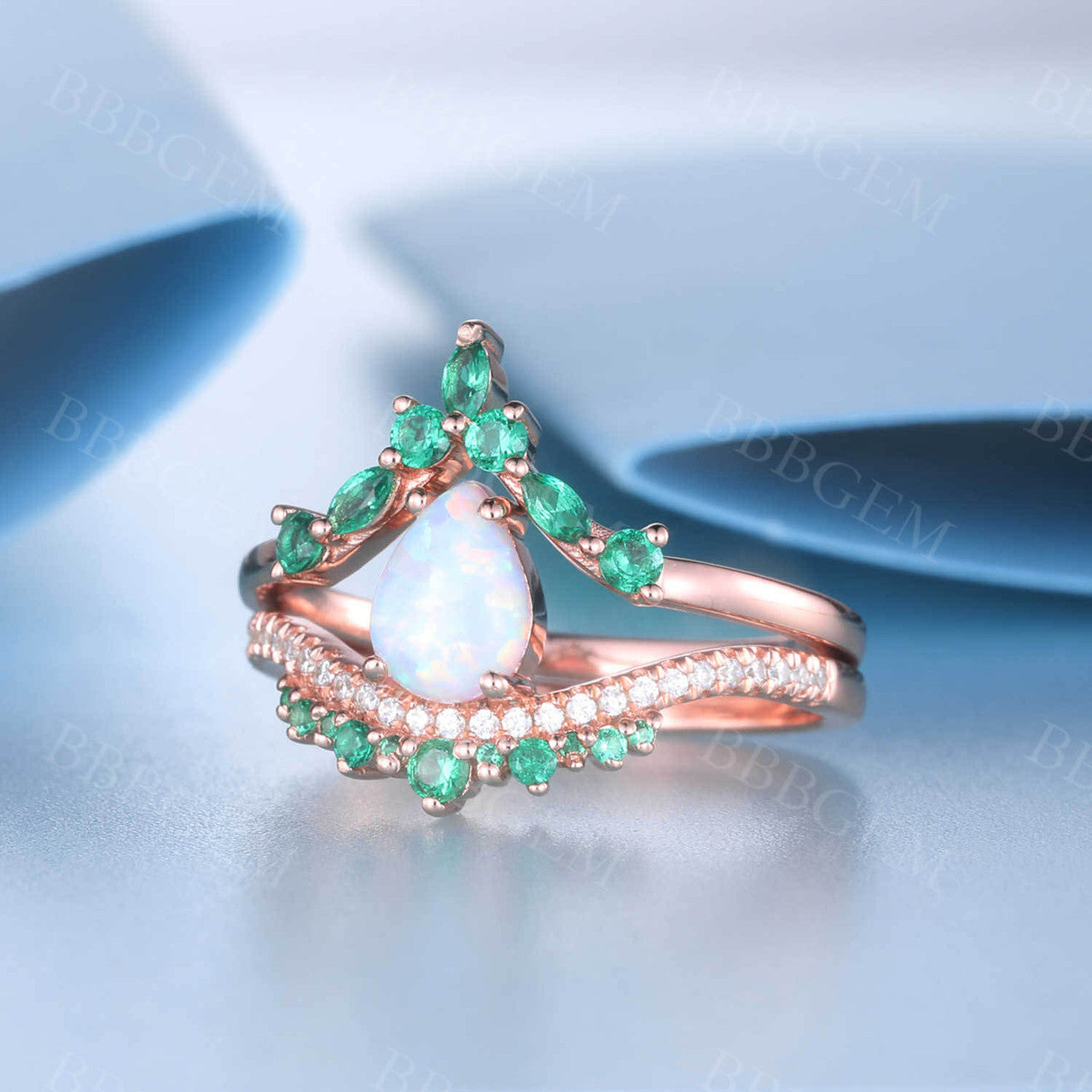 14K Rose Gold Opal Emerald Engagement Ring Set - Unique Stacking Band for Women, Perfect for Anniversaries, Weddings & Special Occasions