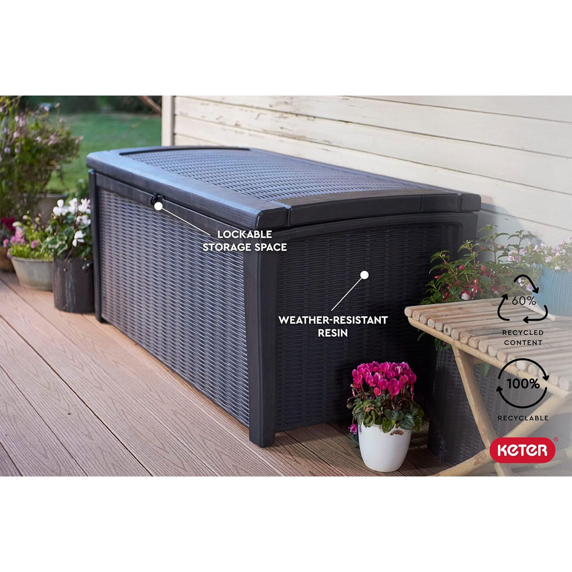 Keter 110 Gallon Outdoor Storage Deck Box - Waterproof Patio Bin for Garden, Pool & Backyard - Durable Grey Plastic Container (Borneo) - Perfect for Storing Cushions, Toys & Outdoor Gear