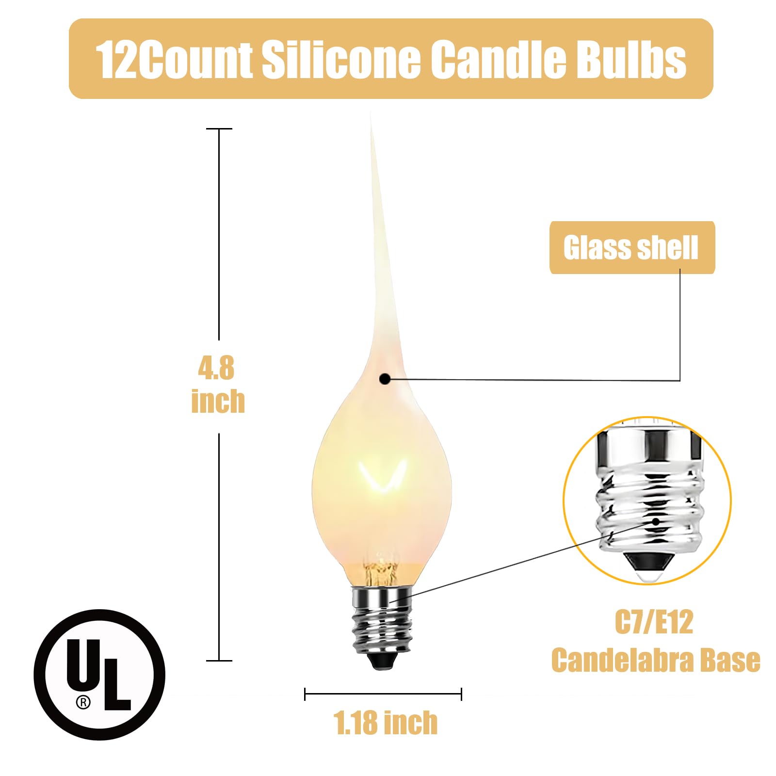 SUNSGNE 12-Pack 5W Clear Silicone Dipped Candle Night Light Bulbs - C7/E12 Candelabra Base for Christmas Decor, Chandeliers & Window Candles - Safe & Decorative Holiday Lighting for Home, Party & Festive Atmosphere