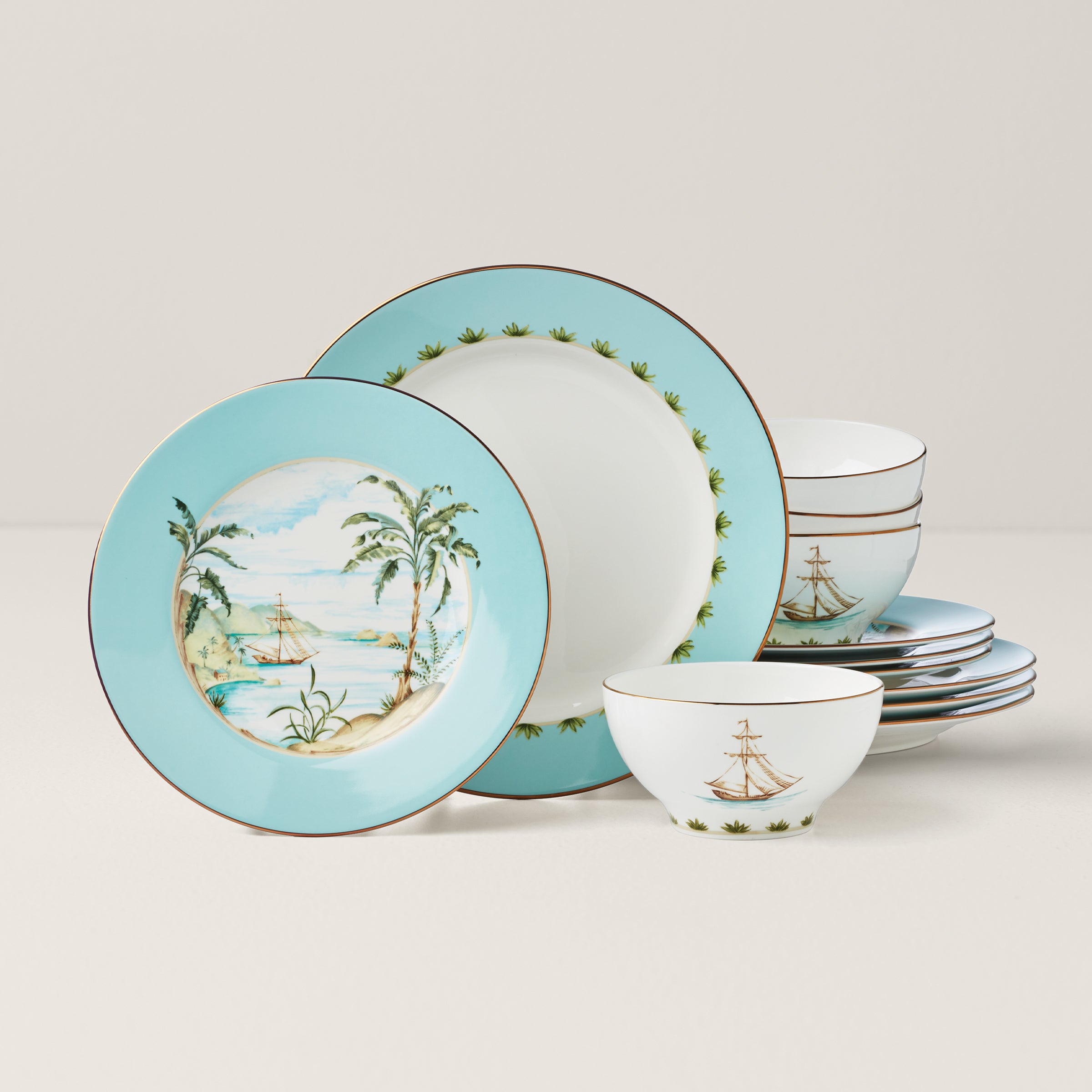 British Colonial Tradewind 12-Piece Dinnerware Set - Elegant Porcelain Plates, Bowls & Mugs for Formal Dining, Entertaining & Holiday Gatherings