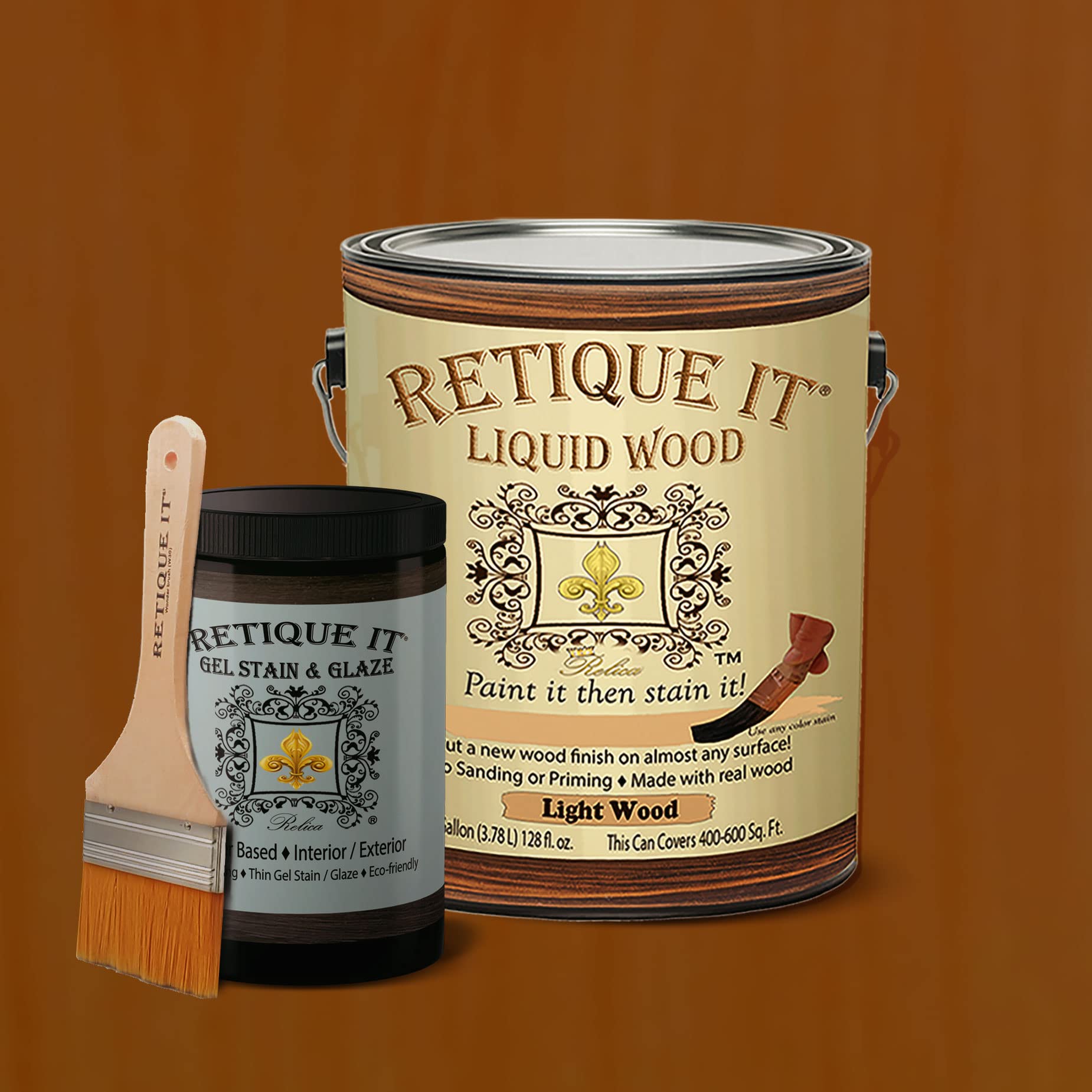 Retique It Gel Stain Liquid Wood Kit - Paintable Wood Stain for Furniture, Cabinets & Floors - 8X Gal (400 sq ft) Brushed Finish in Cherry - Perfect with Chalk Paint, Milk Paint & DIY Home Decor Projects