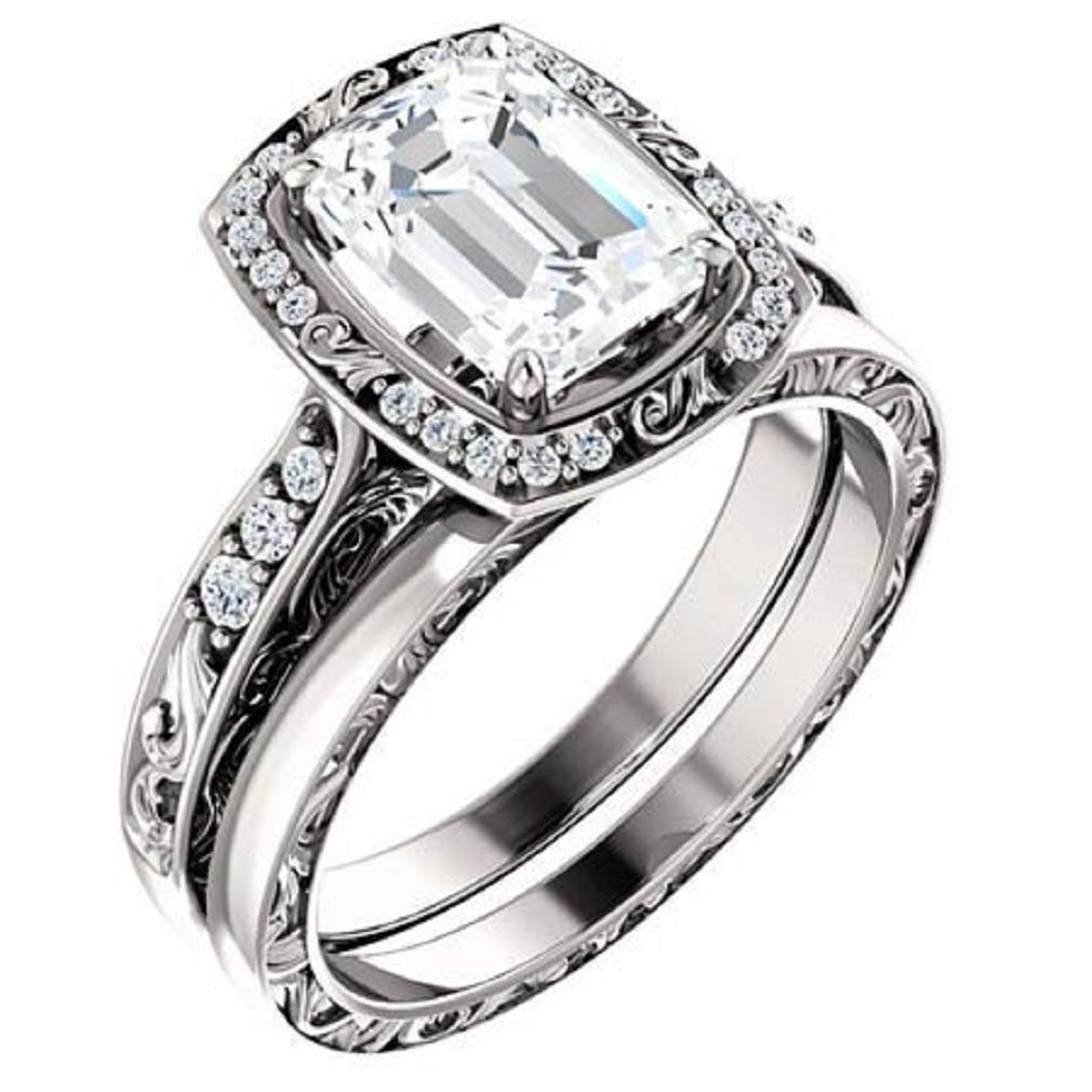 Vintage Inspired 4.00CT Emerald Cut Colorless Moissanite Engagement & Wedding Ring Set in 925 Sterling Silver - Antique Scroll Halo Bridal Jewelry for 1920s Themed Weddings, Anniversary Gifts & Special Occasions