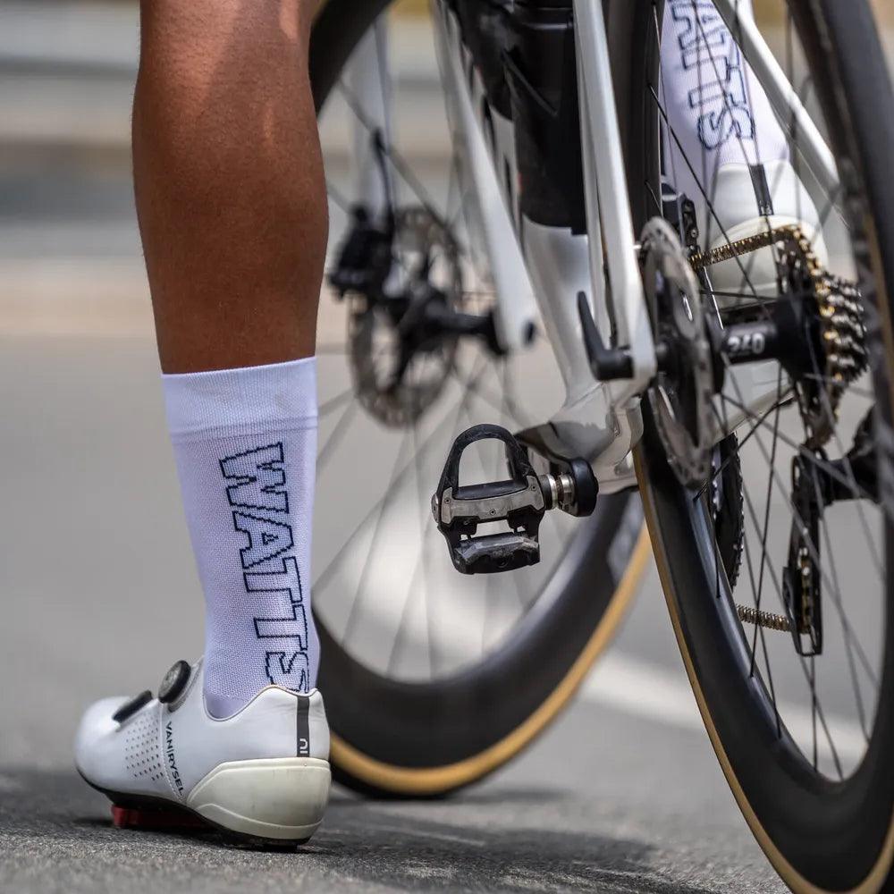 High-Performance Sporcks Watts White Cycling Socks for Men & Women - Breathable Moisture-Wicking Athletic Socks for Road Biking, Mountain Biking & Indoor Cycling Workouts