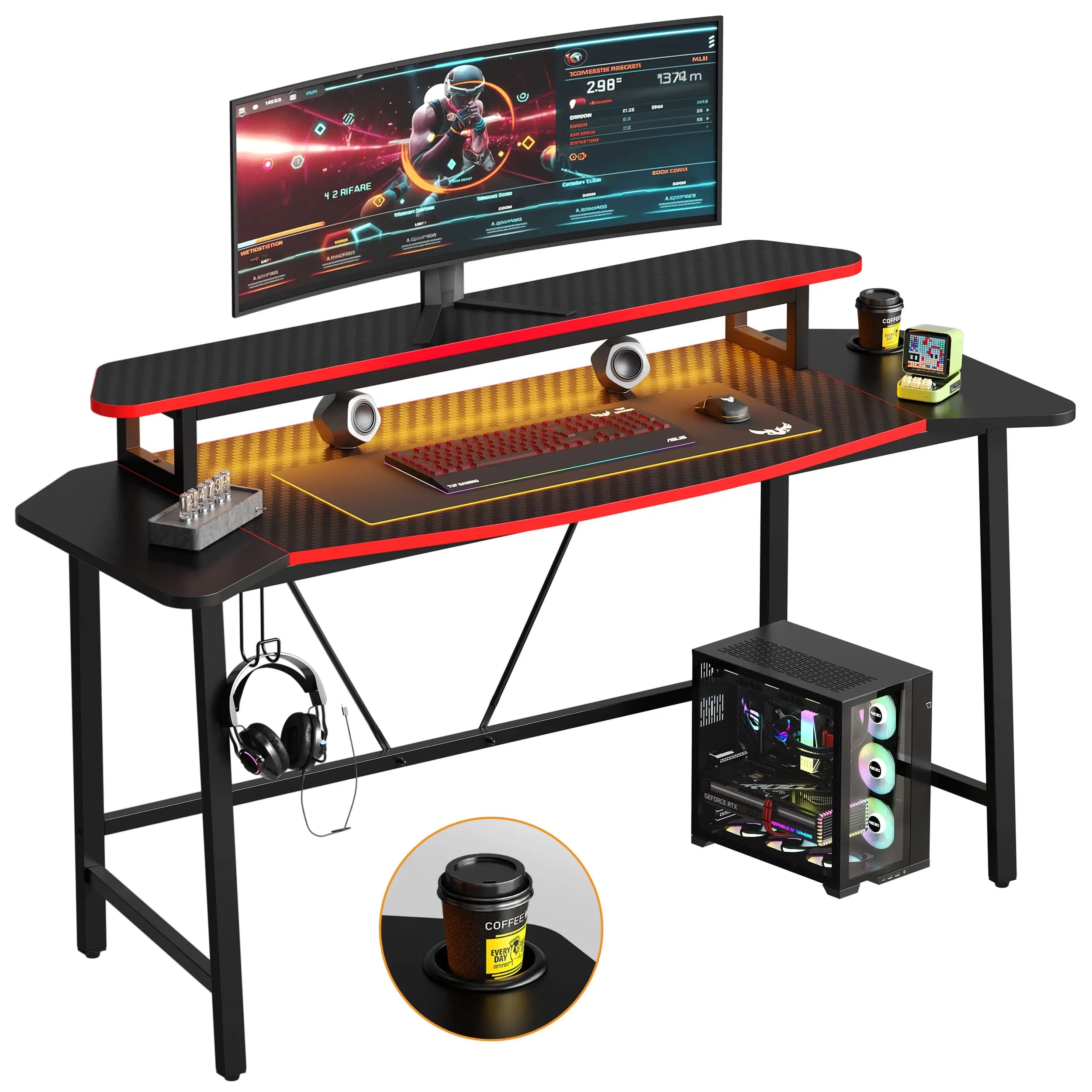 Bestier 63 Inch LED Gaming Desk with Monitor Stand & Headphone Hook - Ergonomic Computer Desk for PC Gaming Setup, Home Office & Streaming Station