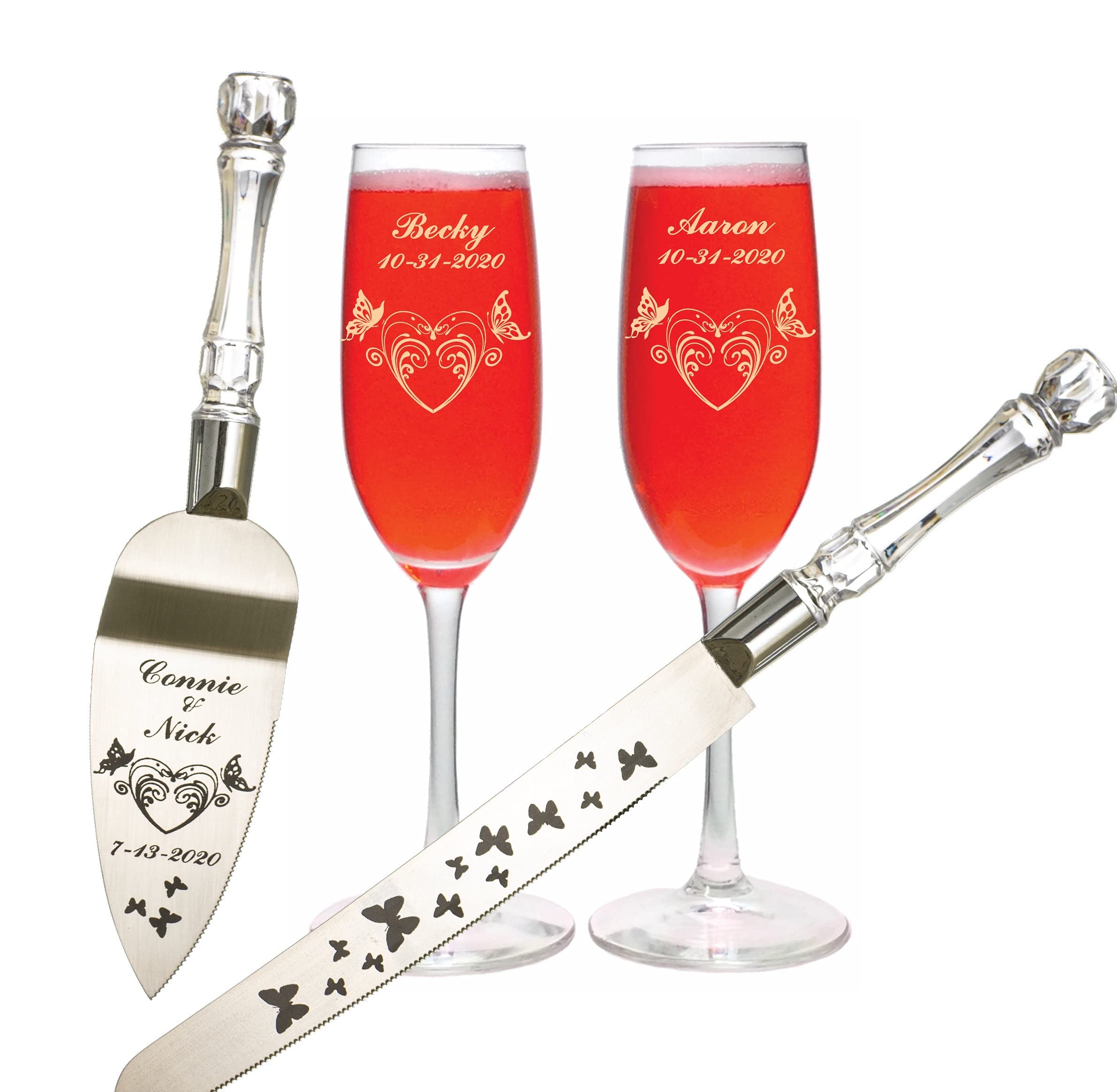 Personalized Butterfly Heart Etched Wedding Flute Glasses & Cake Knife Set - Custom Names & Date - Perfect for Bridal Showers, Anniversary Gifts & Romantic Toasts