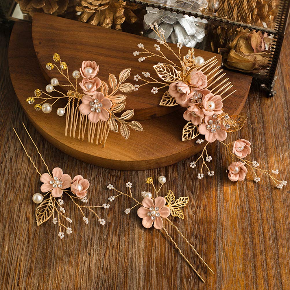 NUOBESTY 4-Piece Rhinestone Crystal Floral Bridal Hair Comb Set - Elegant Wedding Hair Clips & Pins for Brides, Prom, and Formal Events (Pink)