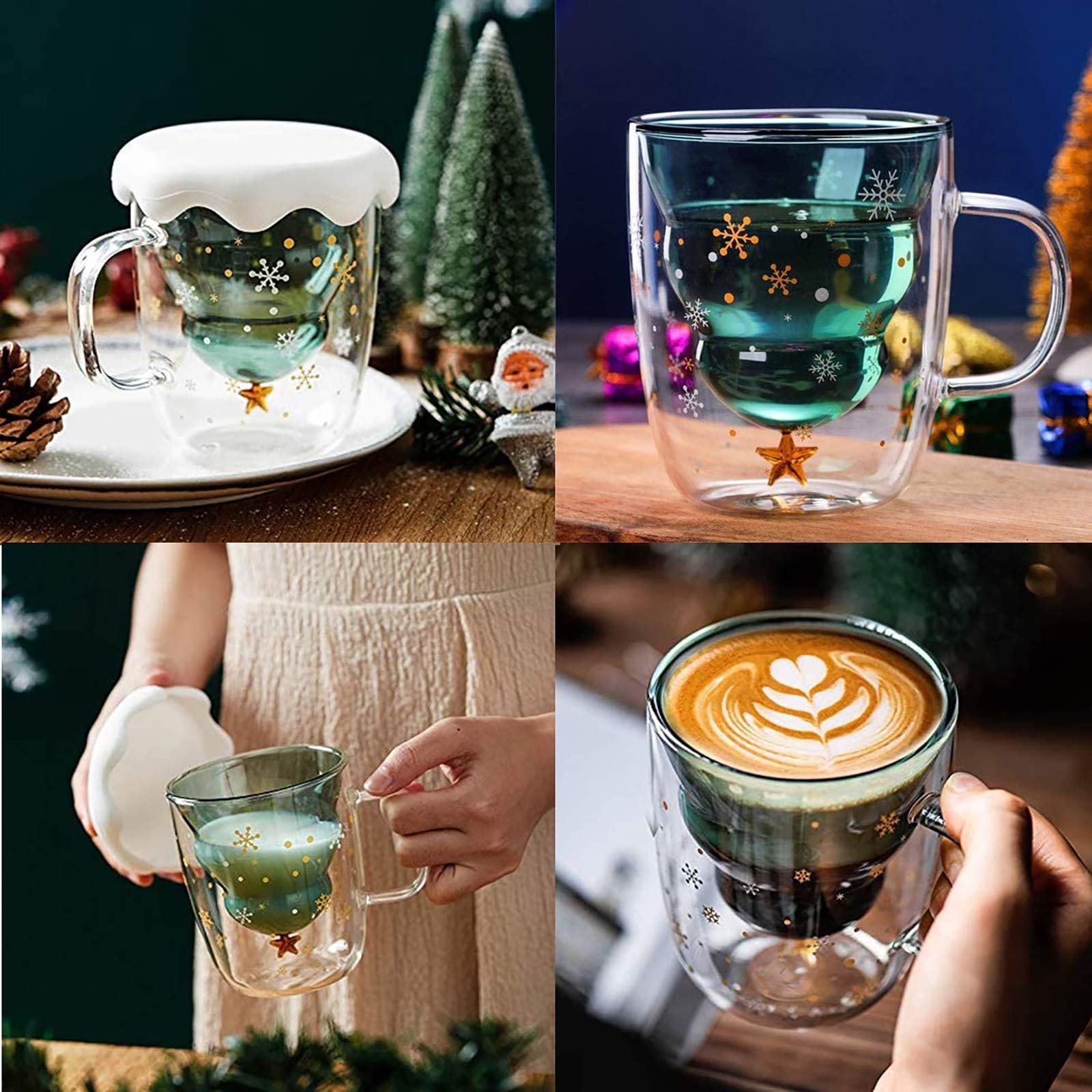 Christmas Tree Shaped Double Wall Coffee Glass Mug - Insulated Cute Couple Cup for Hot & Cold Drinks - Romantic Valentine's Day, Christmas & Birthday Gift (Blue) - Perfect for Holiday Coffee Dates, Cozy Winter Mornings & Couple Gift Exchanges