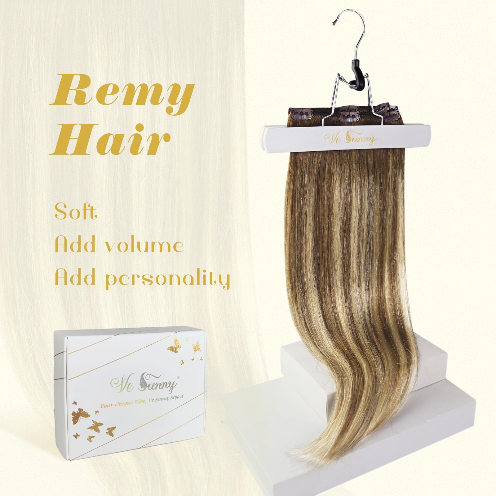 Ve Sunny 18 Inch 7-Piece Clip-In Human Hair Extensions - Balayage Chestnut Brown to Blonde Ombre, Double Weft Remy Hair (120g) for Volume & Length - Perfect for Parties, Weddings & Everyday Styling