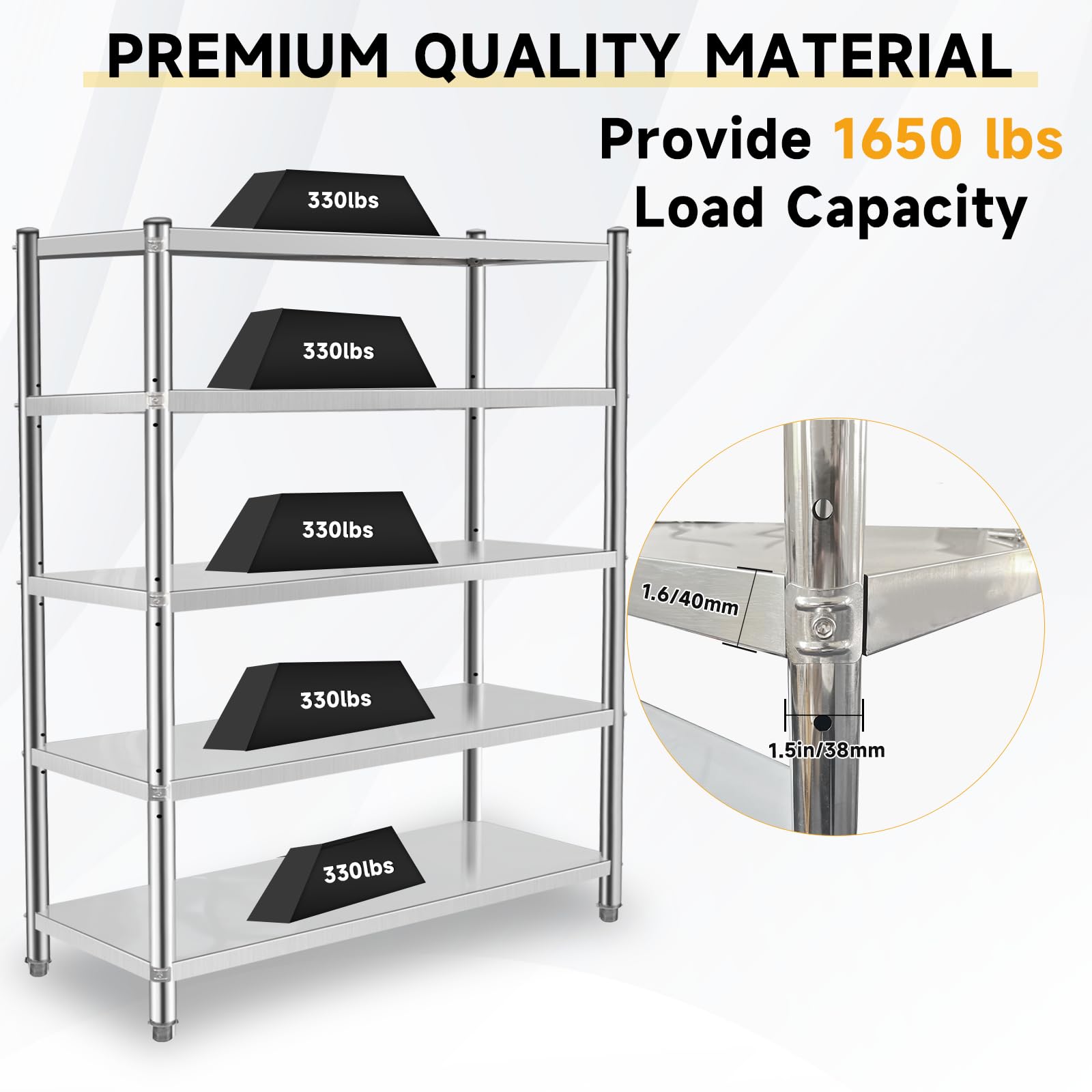 5-Tier Stainless Steel Shelving Unit 60x18x70 Inches - Adjustable Storage Rack for Kitchen, Commercial & Office Use - Heavy Duty Metal Shelves for Pantry, Warehouse, Garage Organization