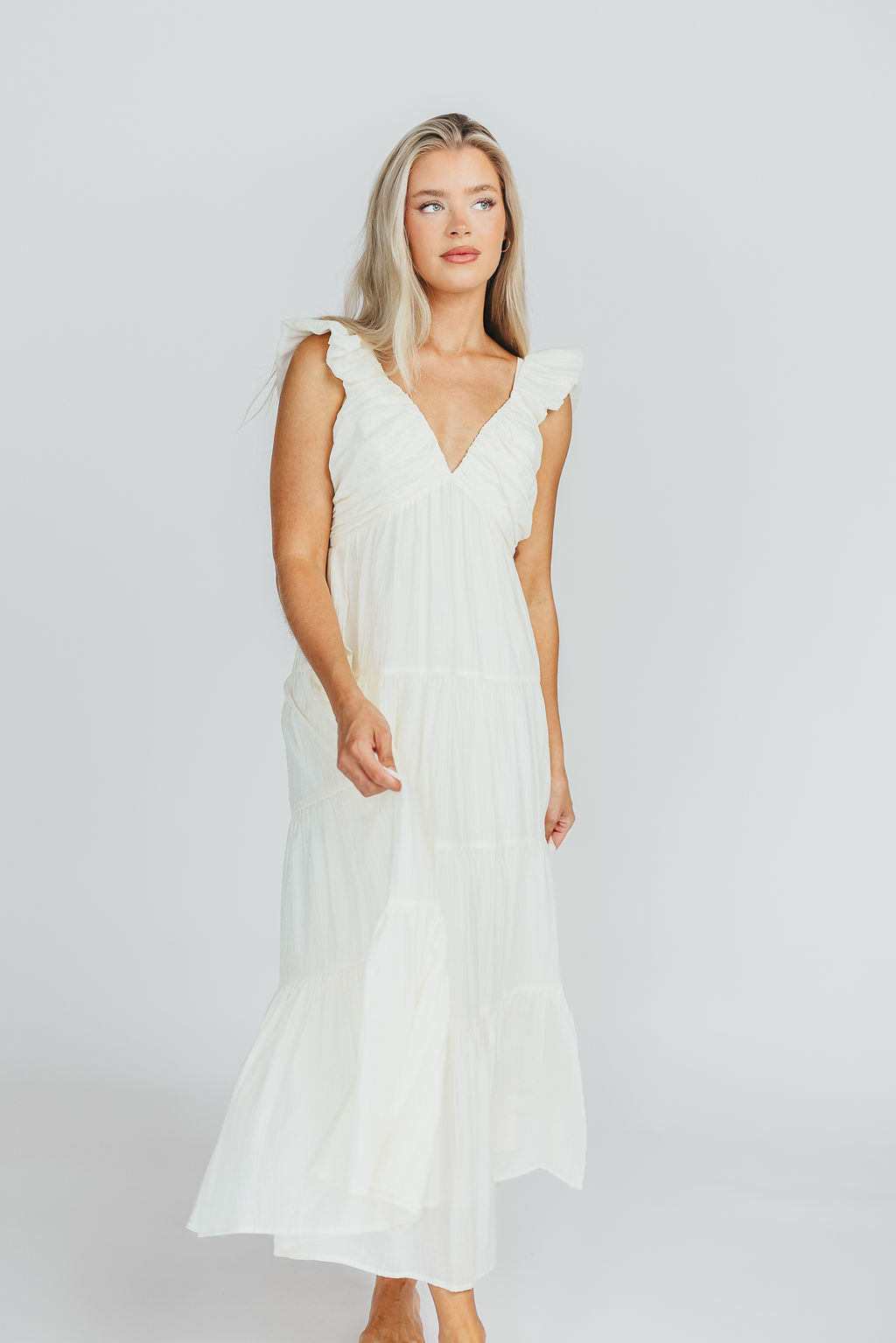 Katy Pleated Bodice Midi Dress in Cream | Bump Friendly Maternity Dress | Perfect for Baby Showers, Weddings & Special Occasions