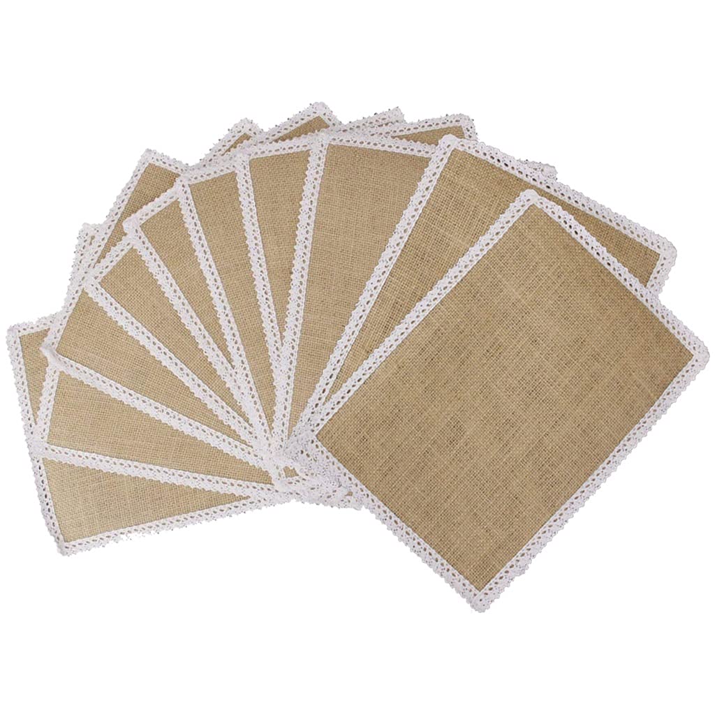 10pcs Natural Jute Woven Burlap Table Mats with Lace Trim - Eco-Friendly Hessian Placemats Set for Wedding, Party & Home Decor - Perfect for Rustic Dining, Farmhouse Tables & Special Occasions