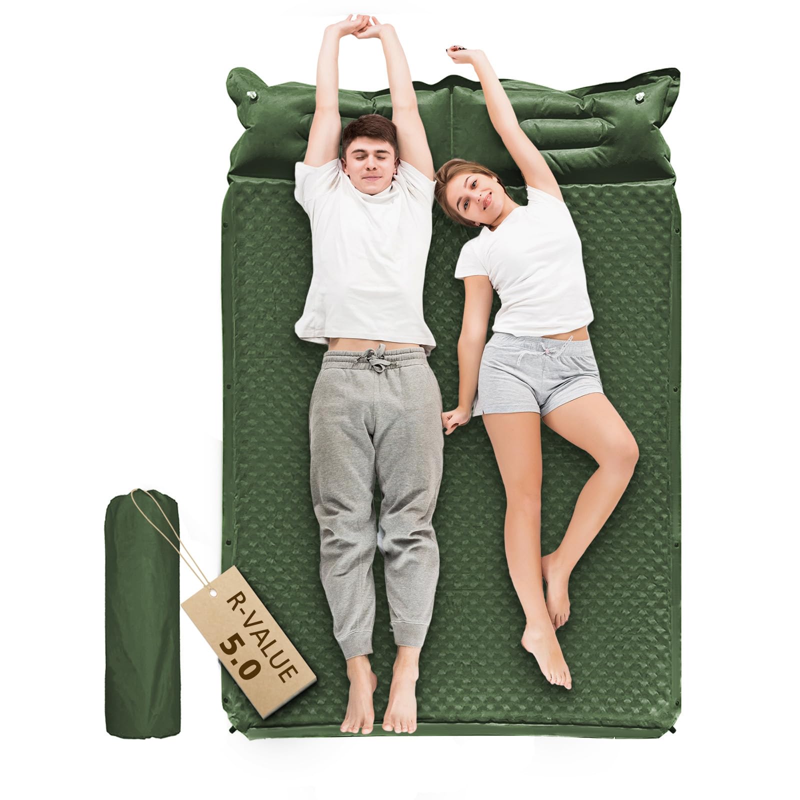 WILD FUN Double Sleeping Pad - 2in Thick 2-Person Camping Mattress with Pillow, 5R Suede Insulated Self-Inflating Air Mattress for Backpacking, Hiking & Outdoor Adventures (Deep Green) - Perfect for Couples Camping, RV Trips & Backcountry Exploration