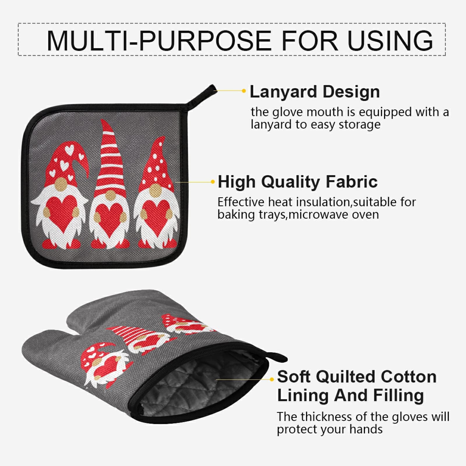 Mother's Day Gnomes Oven Mitts & Pot Holders Set - Heat Resistant Kitchen Gloves for Cooking, Baking, BBQ - Valentine's Gift for Mom, Perfect for Handling Hot Cookware & Bakeware