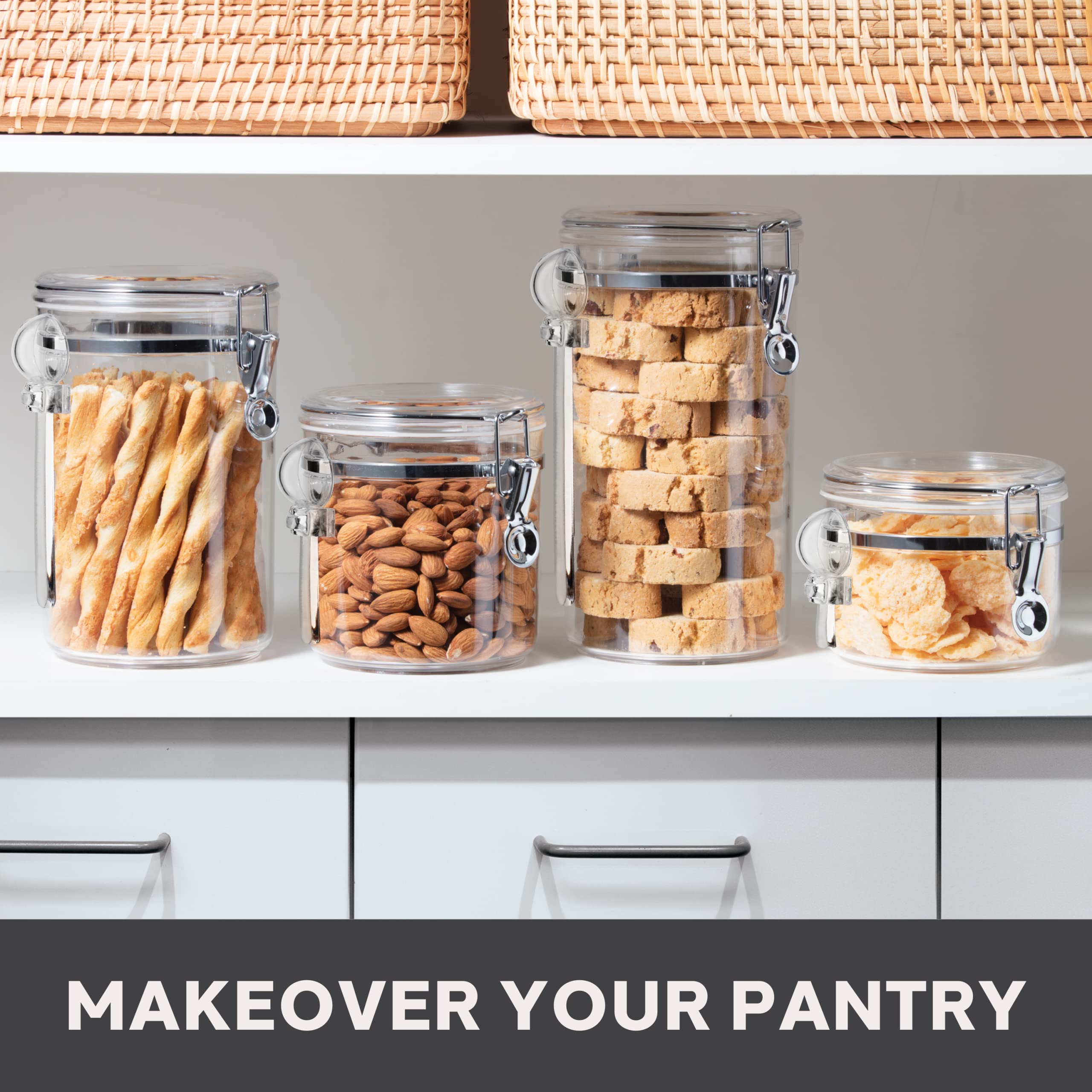 Oggi 4-Piece Clear Airtight Canister Set with Clamp Lids - Perfect for Kitchen & Pantry Storage of Flour, Sugar, Coffee, Rice, Tea, Spices & Herbs - Ideal for Baking, Cooking & Organizing Dry Foods