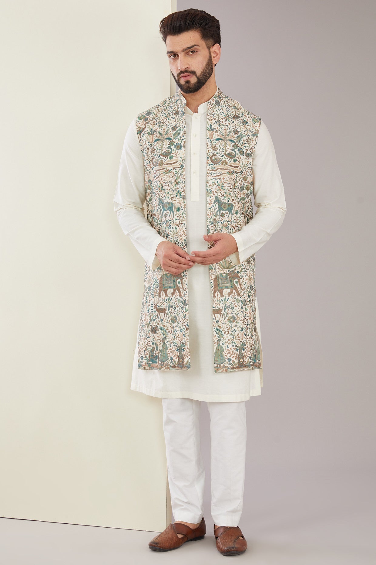 Exquisite Kashmiri Embroidered Long Open Shrug - Elegant Handmade Chiffon Cover-Up for Women | Perfect for Weddings, Parties & Evening Events