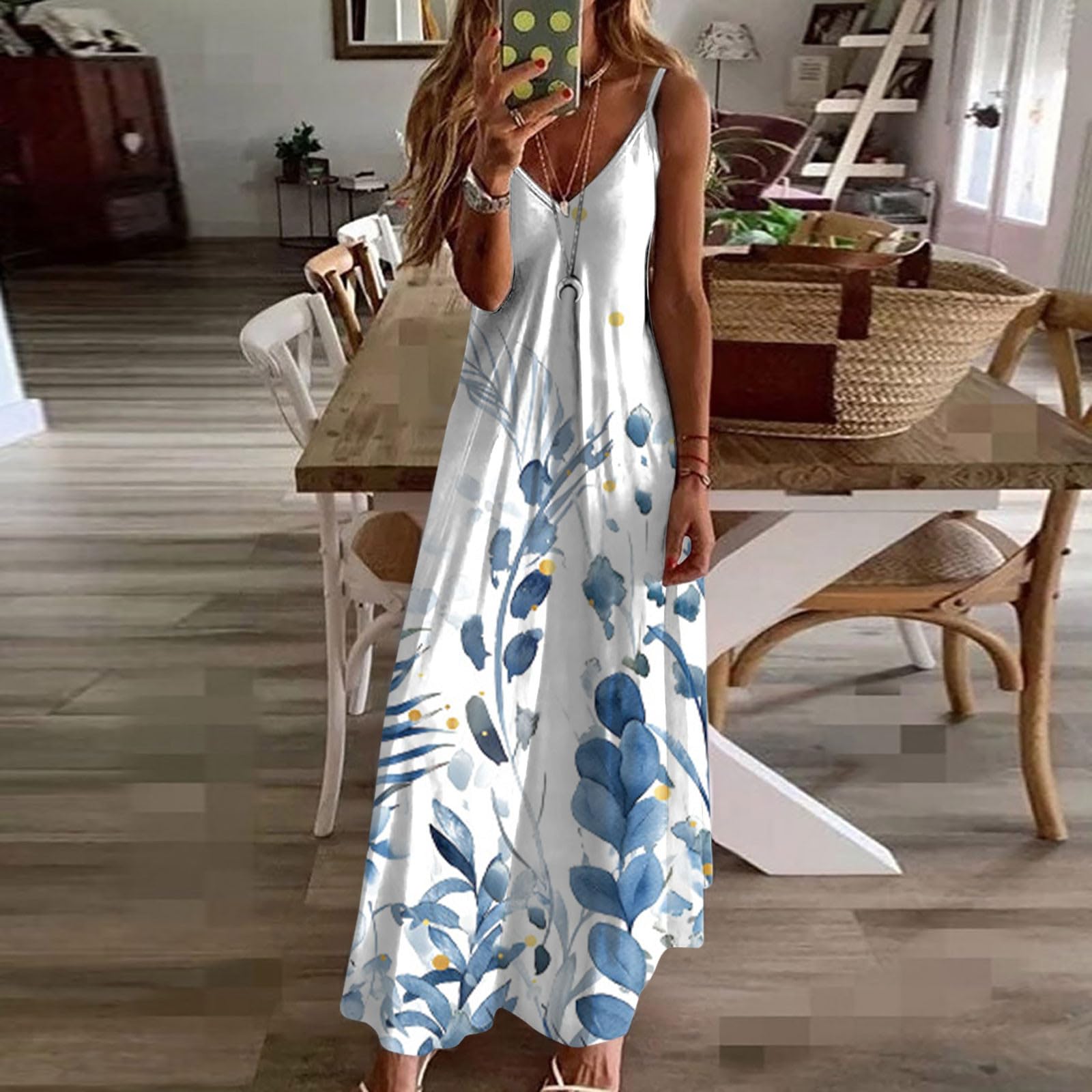Women's Maxi Dresses 2024 - Casual Spaghetti Strap V-Neck Long Summer Dress for Beach, Vacation & Outdoor Activities | Trendy Flowy Sun Dress for Pool Parties, Date Nights & Summer Travel