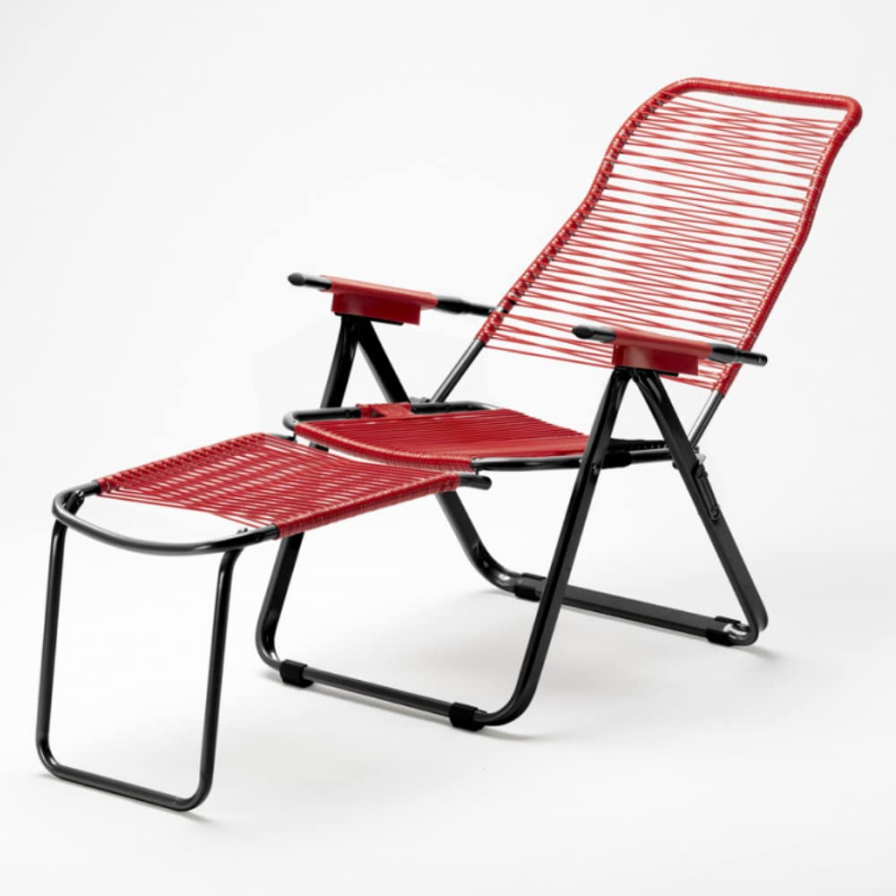 Steel and Plastic Rope Garden Chaise Lounge Chair with Footrest - Indoor & Outdoor Patio Furniture for Poolside, Backyard, and Beach Relaxation (Red)
