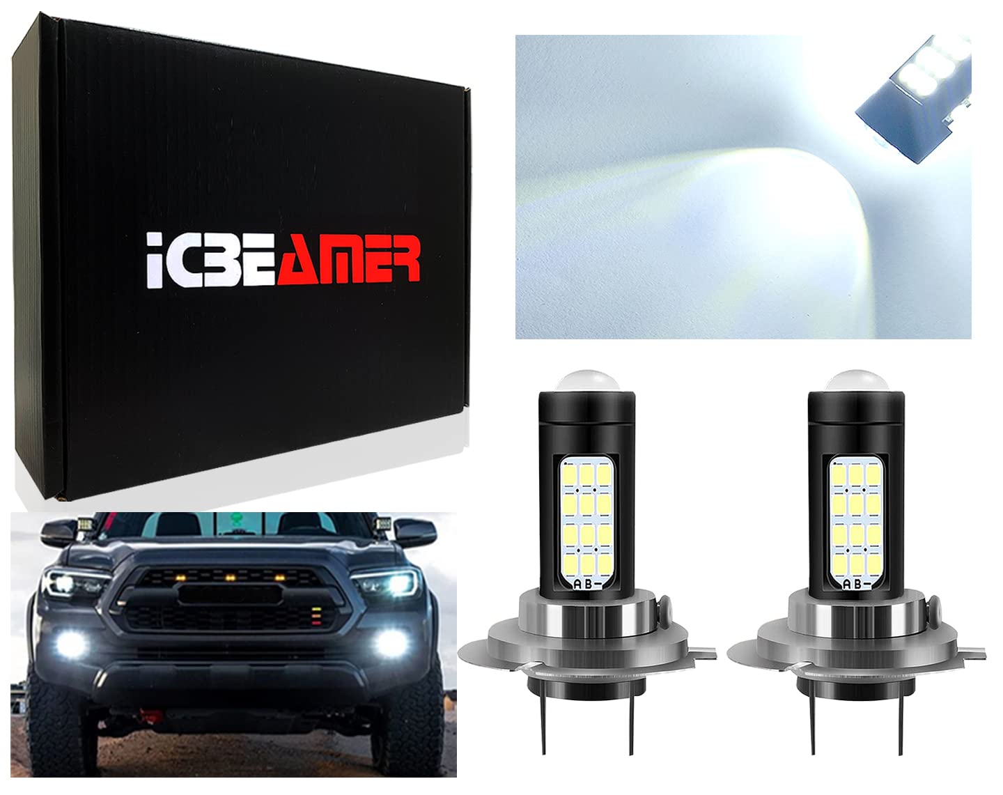 ICBEAMER H7 LED Fog Light Bulbs - 6000K Bright White, Plug and Play LED High Beam Headlamp Replacement Kit, Halogen Replacement, Quick Installation, Pack of 2 - Perfect for Off-Roading, Night Driving & Foggy Conditions