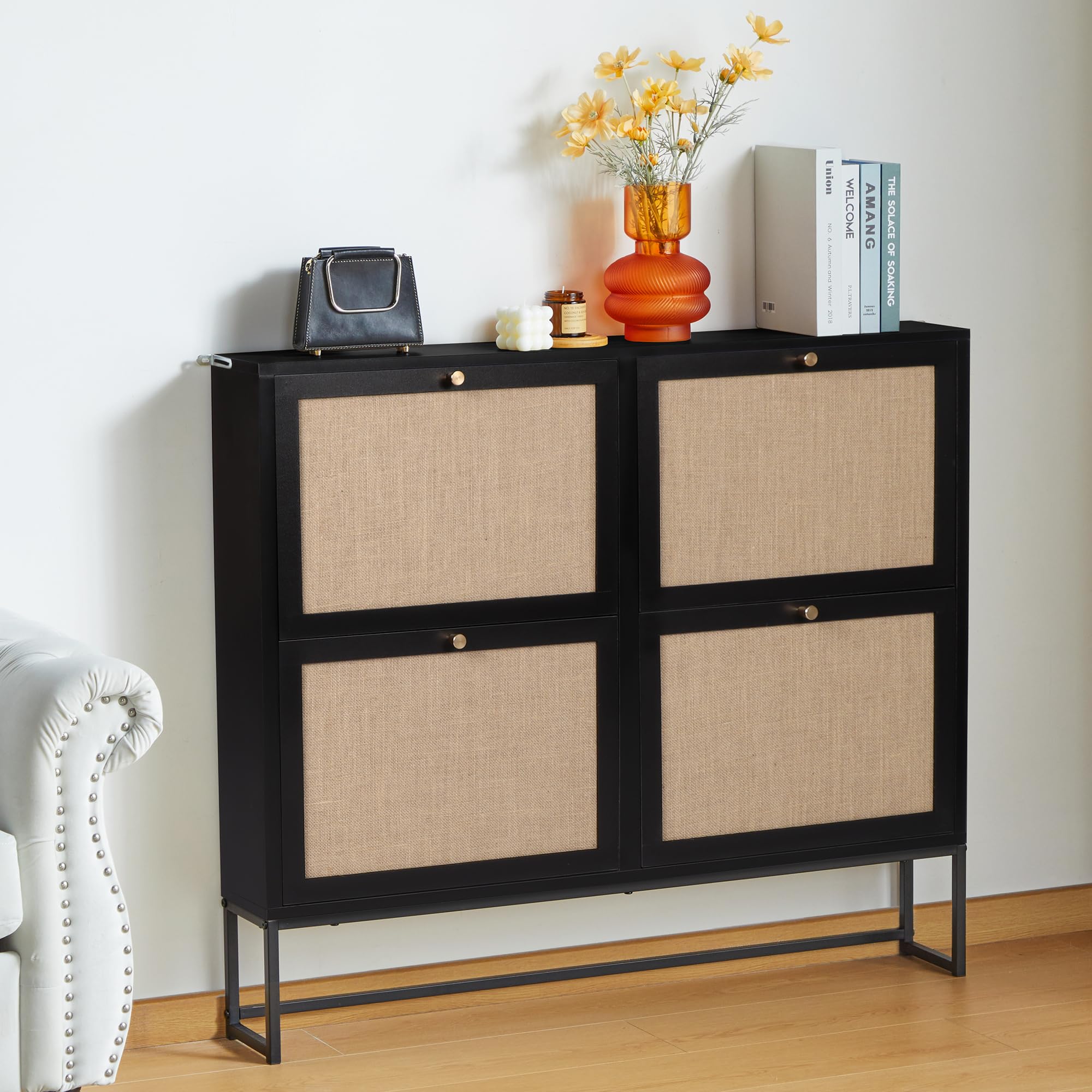 4-Drawer Flip Shoe Storage Cabinet with Metal Handles & Base - Slim Shoe Organizer for Entryway, Hallway, Living Room - Perfect for Small Spaces & Apartment Organization (Black)