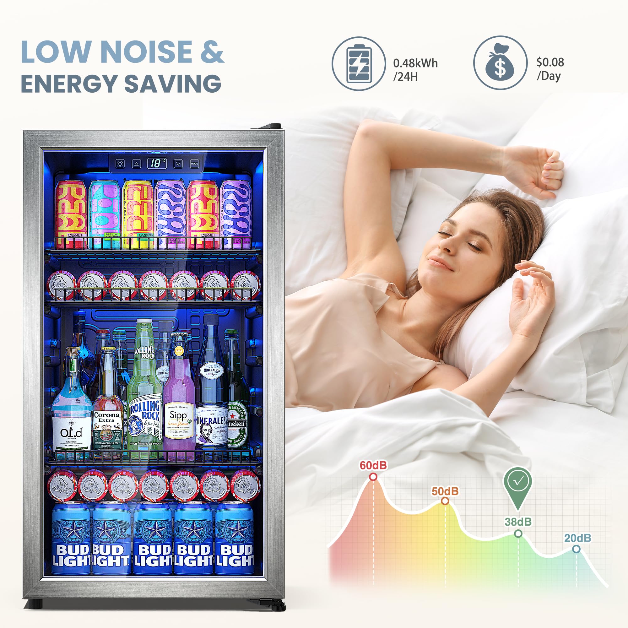 Compact 3.2 Cu.Ft Beverage Refrigerator with Glass Door - Adjustable Shelves & Digital Temperature Control for Wine, Beer, Soda - Perfect for Home Bar, Office, Dorm or Kitchen (Silver)