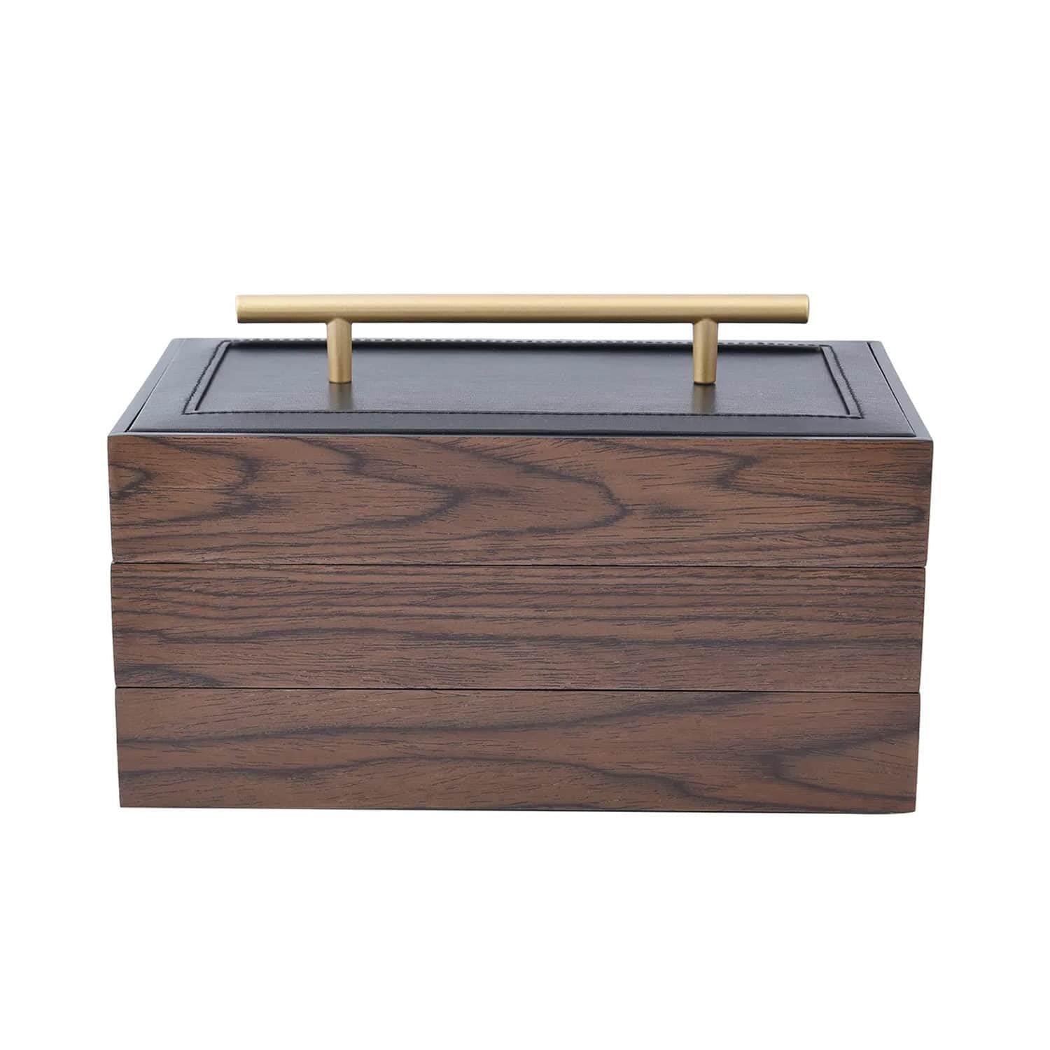 Brown Wooden Walnut Jewelry Organizer - 3-Tier Faux Leather Ring & Necklace Storage Box - Perfect for Home Decor, Bedroom Vanity, and Birthday Gifts