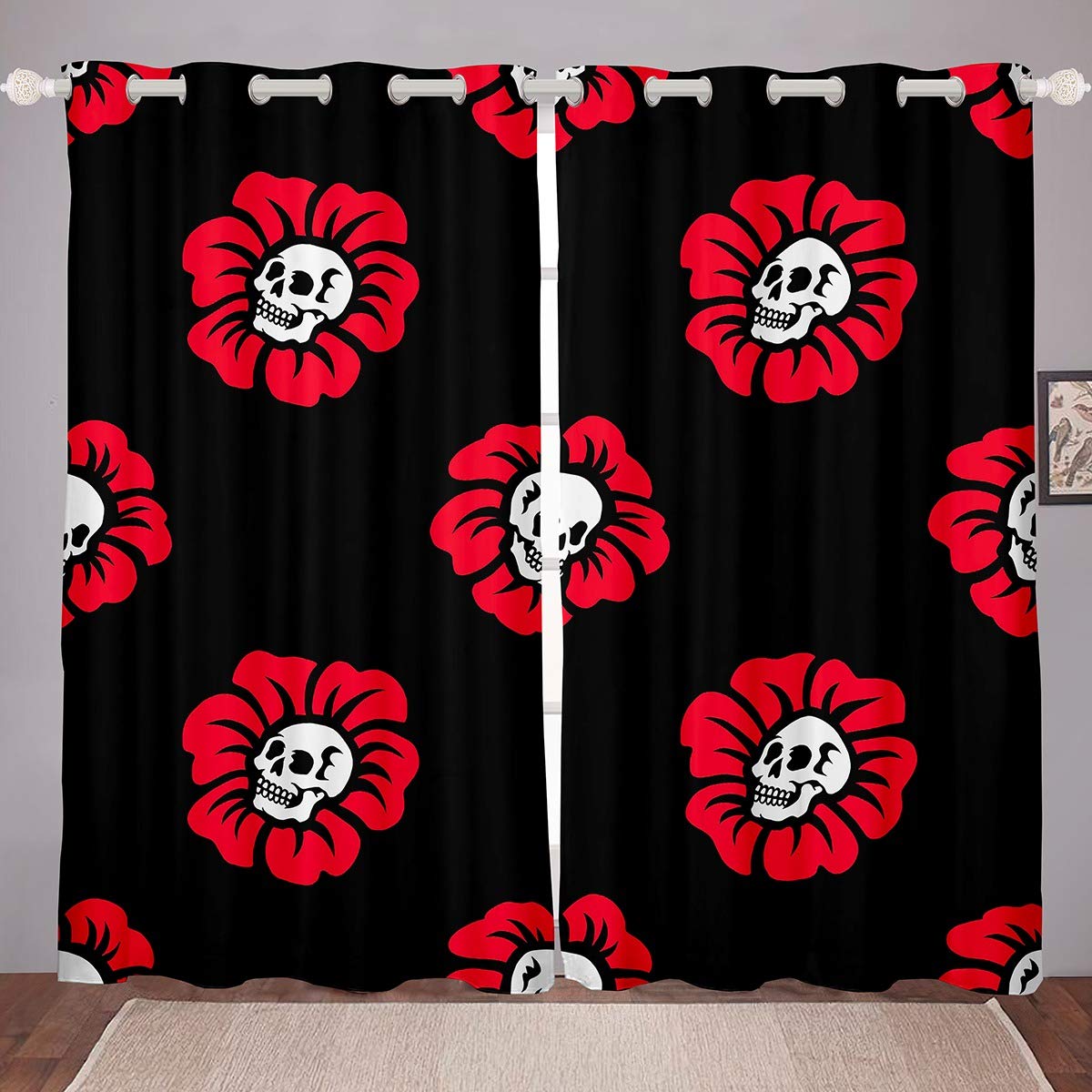 Castle Fairy Red Skull Flowers Printed Window Curtains - Gothic Black & White Skull Design, Soft Breathable Fabric, 2 Panel Set (104W x 84L inches) - Perfect for Bedroom, Living Room & Halloween Decor